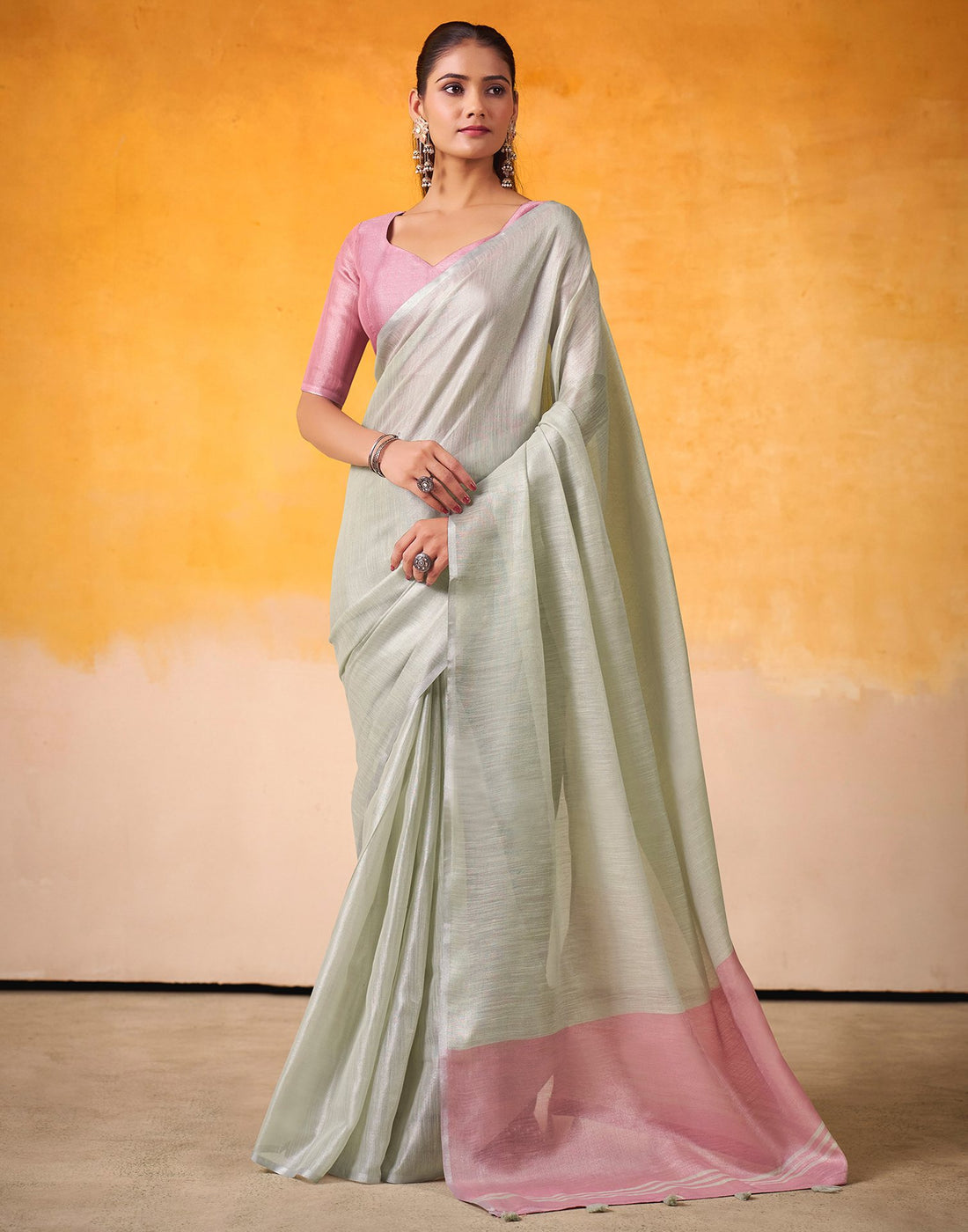 Light Green Tissue Silk Woven Plain Saree