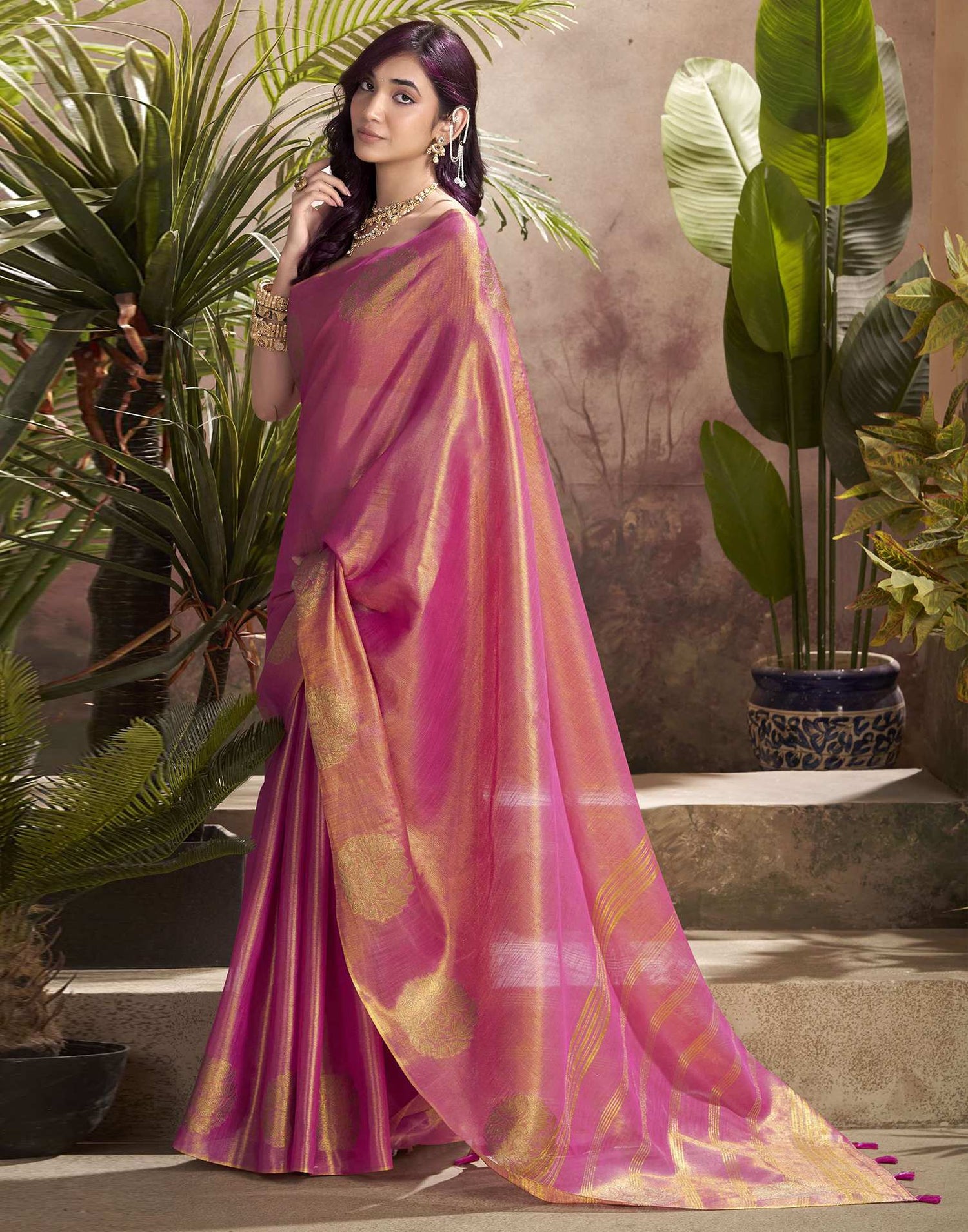 Rani Pink Tissue Silk Woven Saree