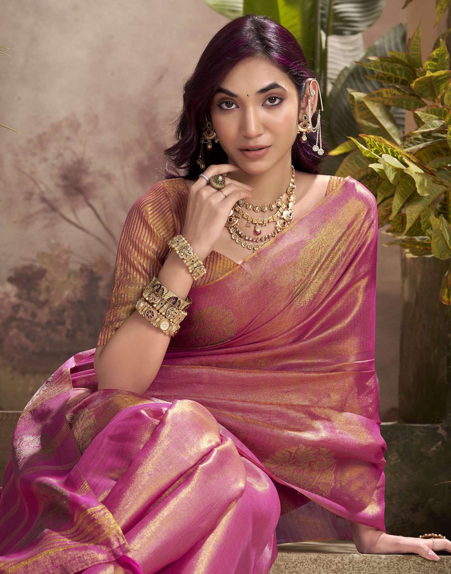Rani Pink Tissue Silk Woven Saree
