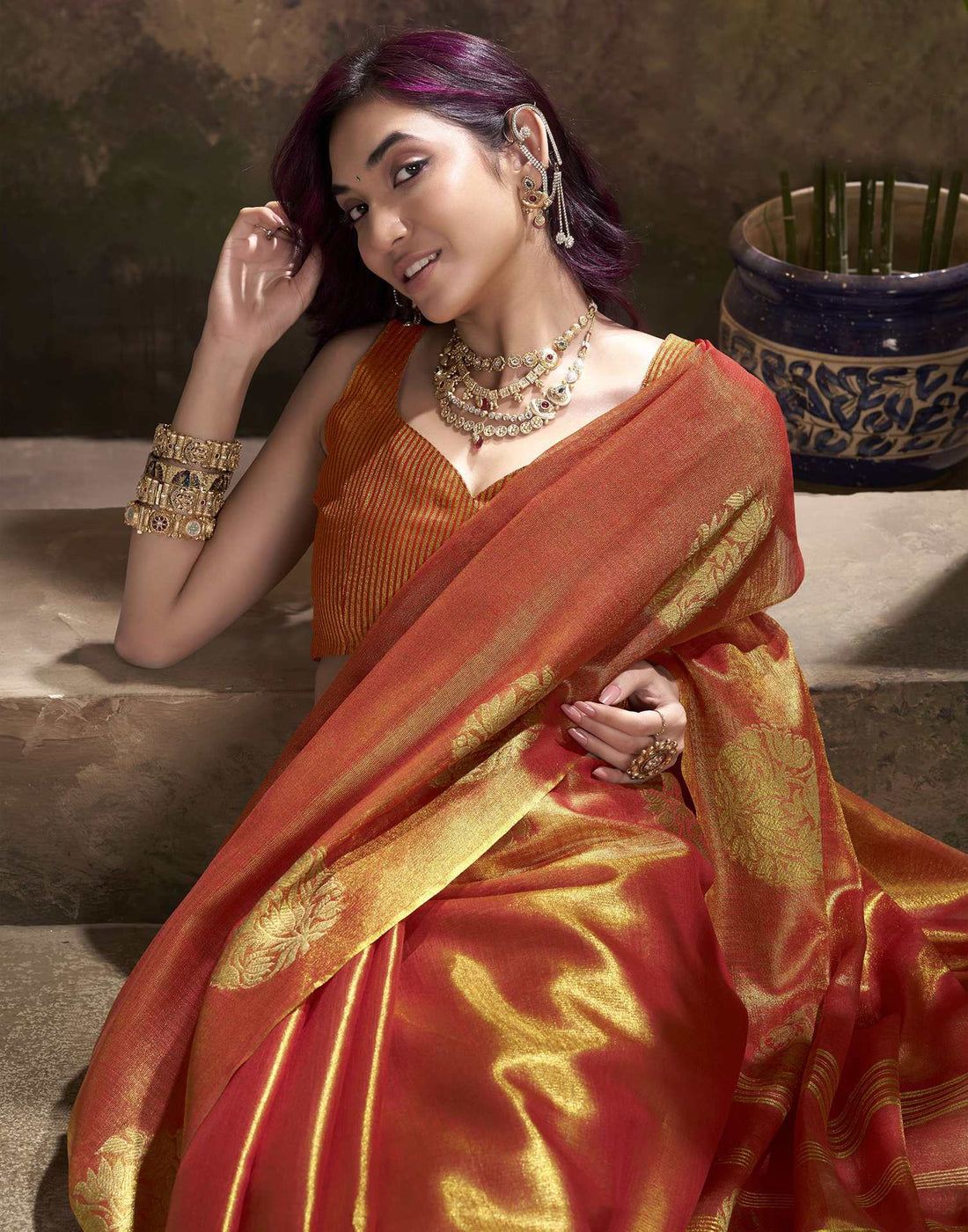 Orange Tissue Silk Woven Saree
