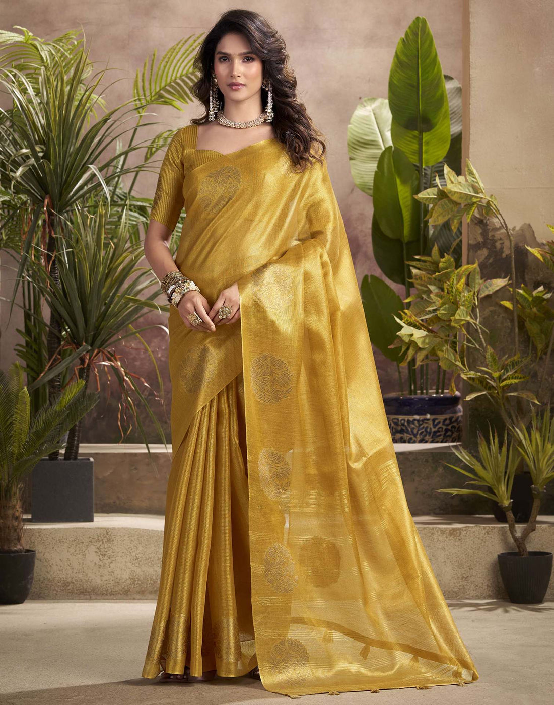 Mustard Yellow Tissue Silk Woven Saree