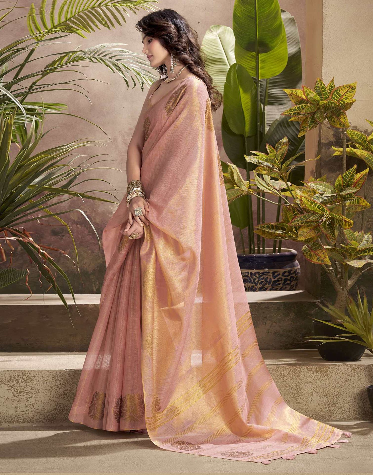 Rose Pink Tissue Silk Woven Saree