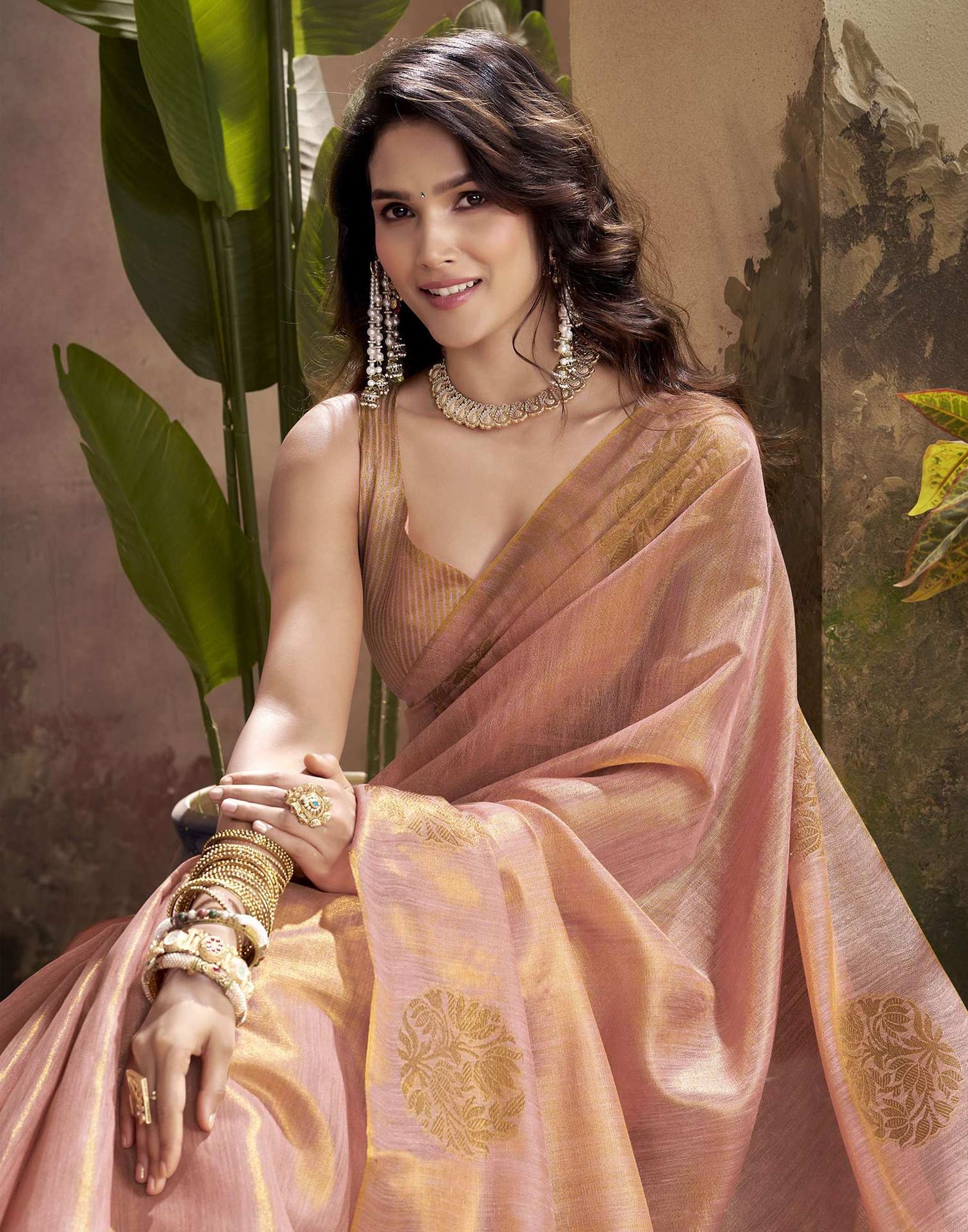 Rose Pink Tissue Silk Woven Saree