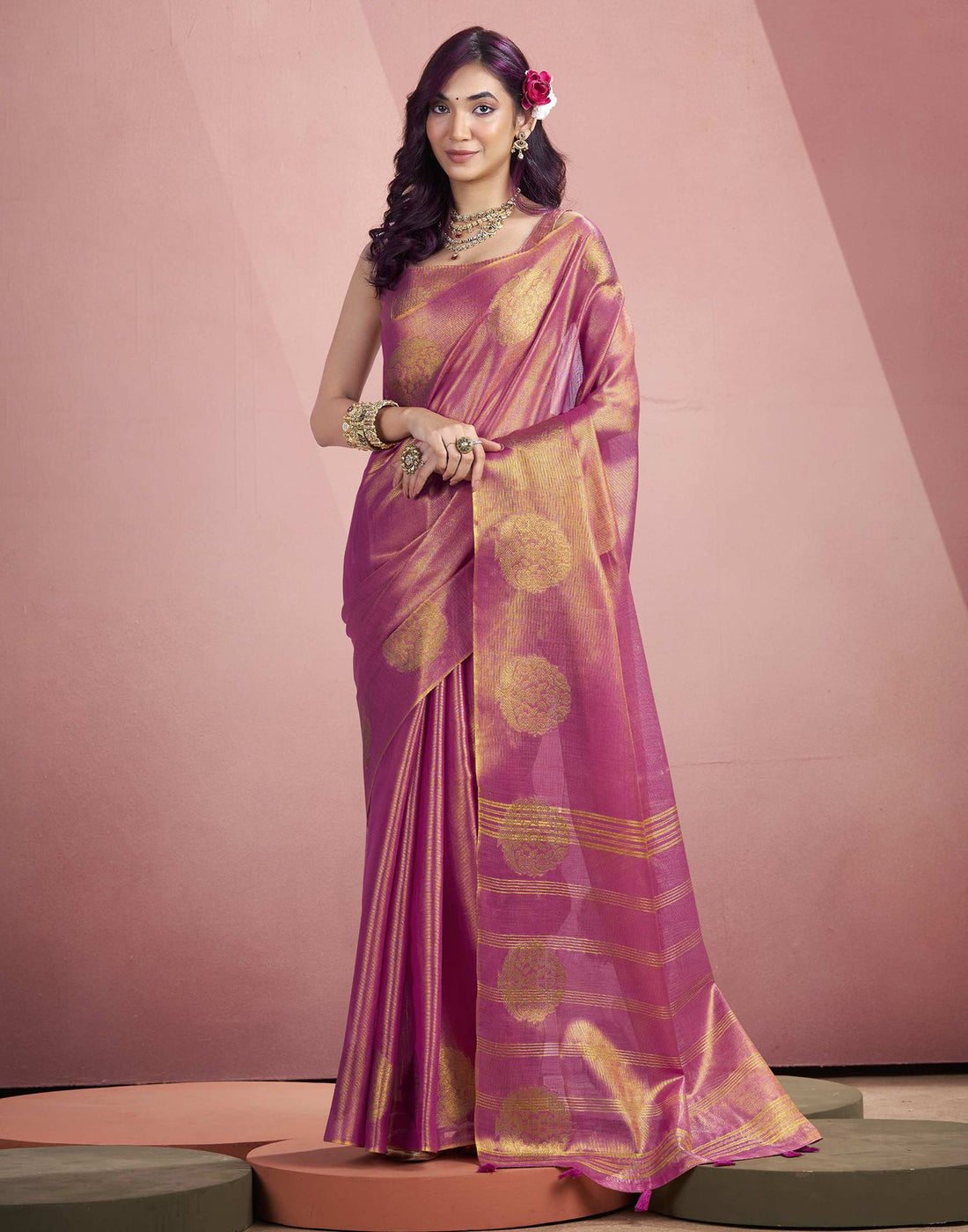 Rani Pink Tissue Silk Woven Saree