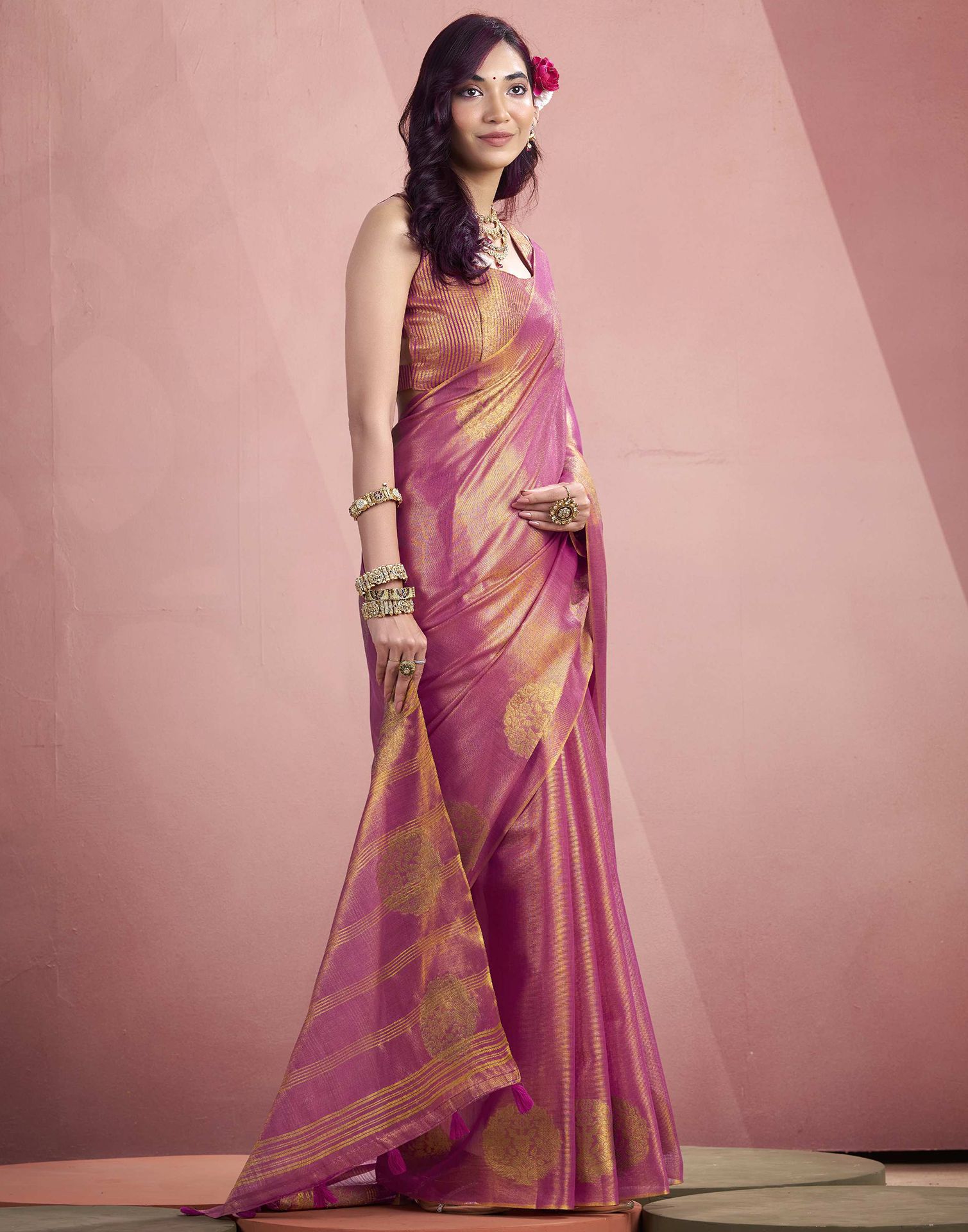 Rani Pink Tissue Silk Woven Saree