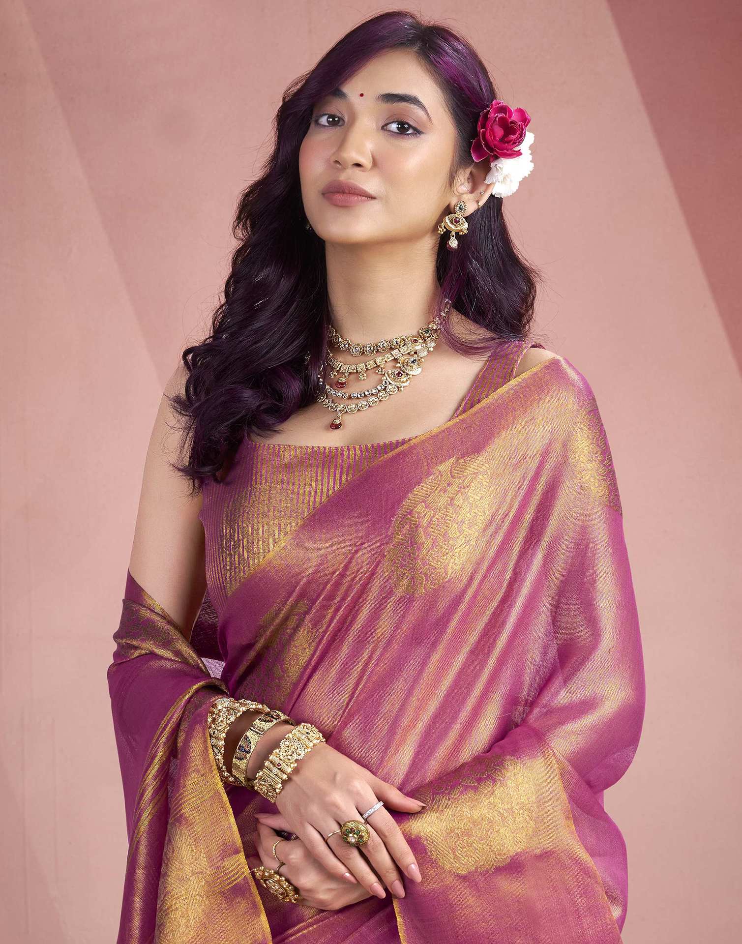 Rani Pink Tissue Silk Woven Saree