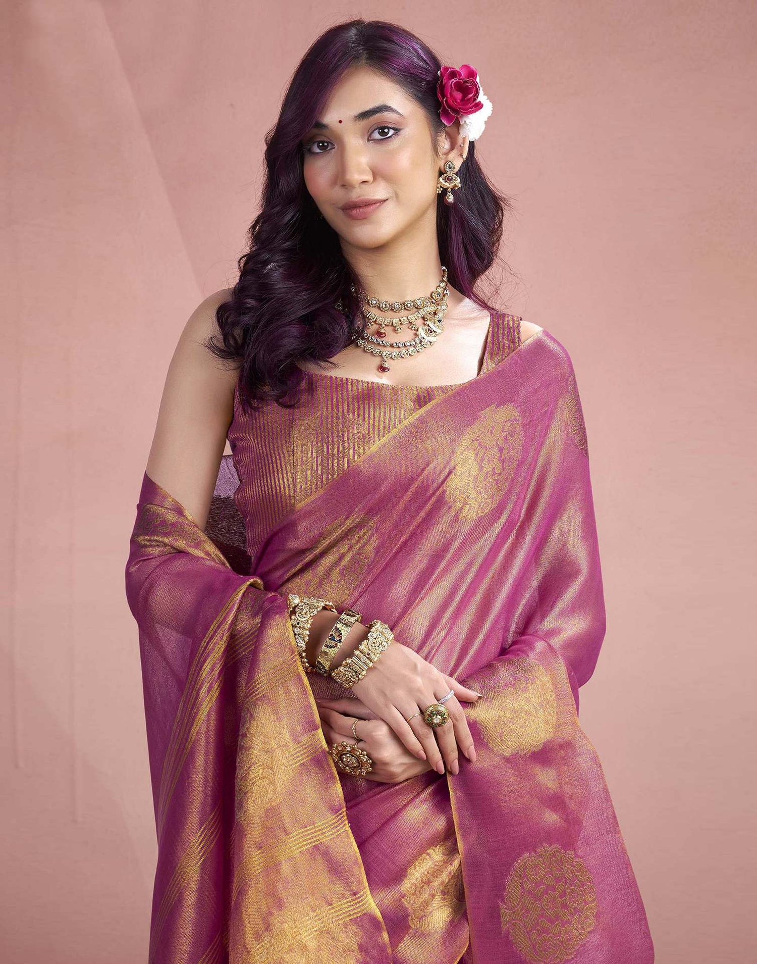 Rani Pink Tissue Silk Woven Saree