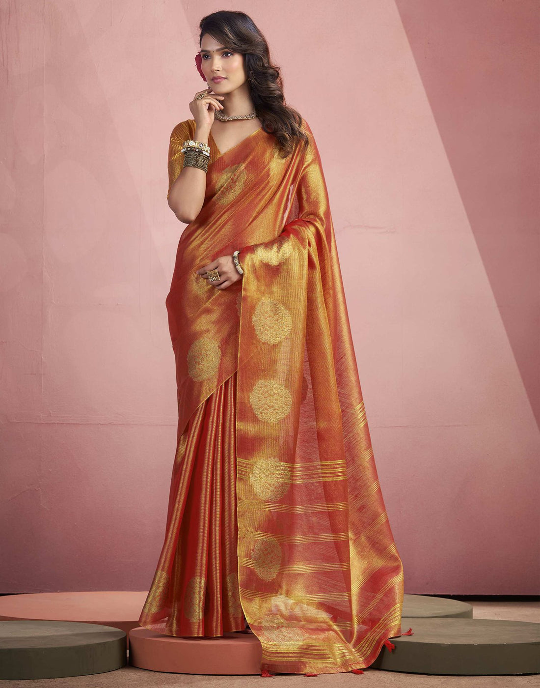 Orange Tissue Silk Woven Saree