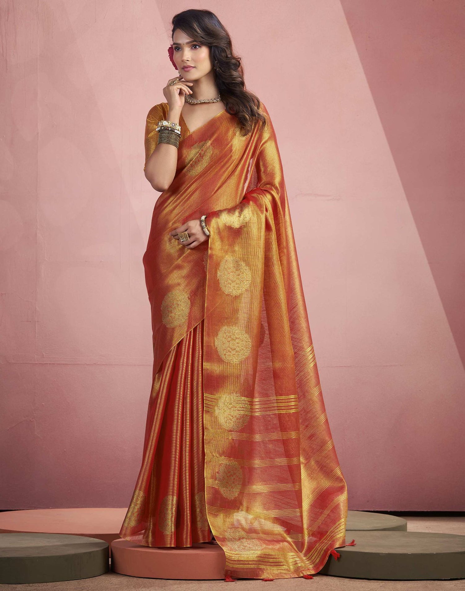 Orange Tissue Silk Woven Saree