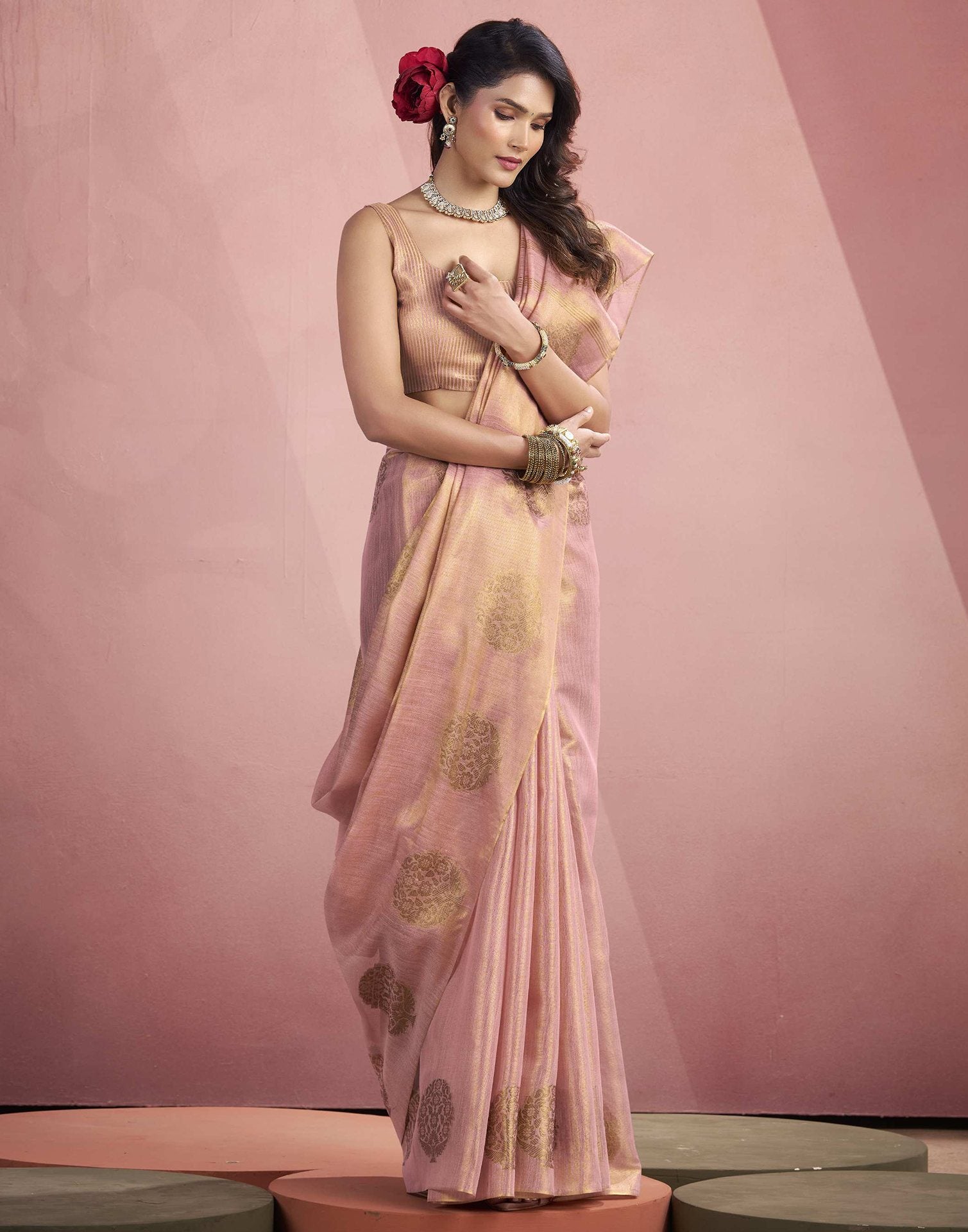 Rose Pink Tissue Silk Woven Saree