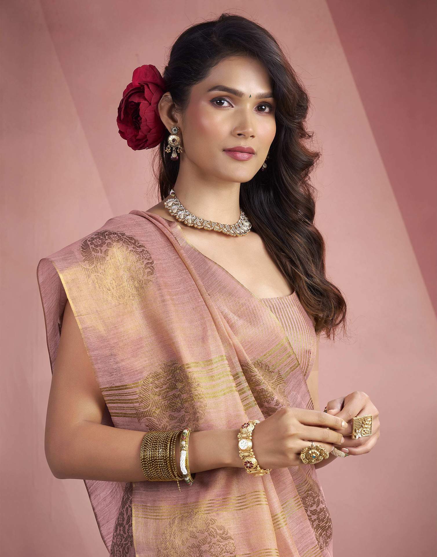 Rose Pink Tissue Silk Woven Saree