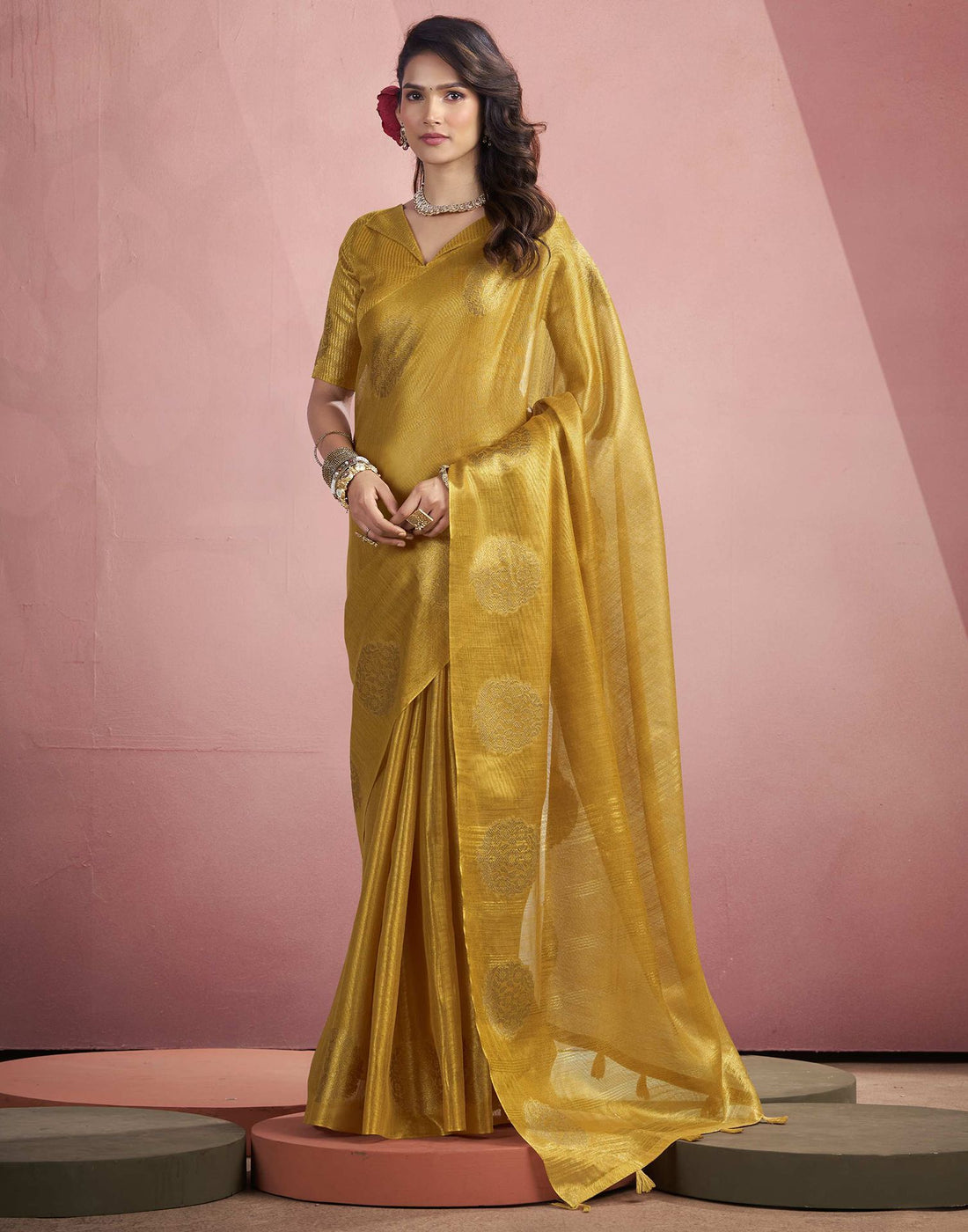 Mustard Yellow Tissue Silk Woven Saree