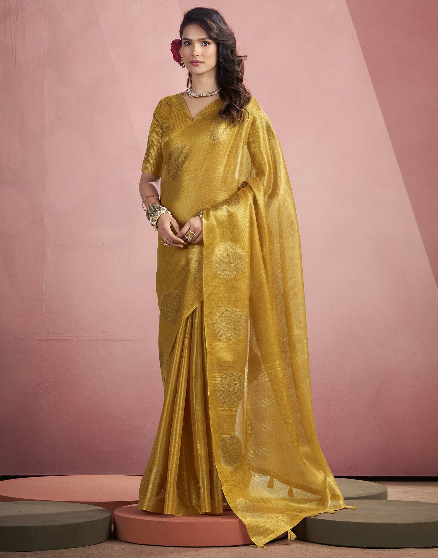 Mustard Yellow Tissue Silk Woven Saree