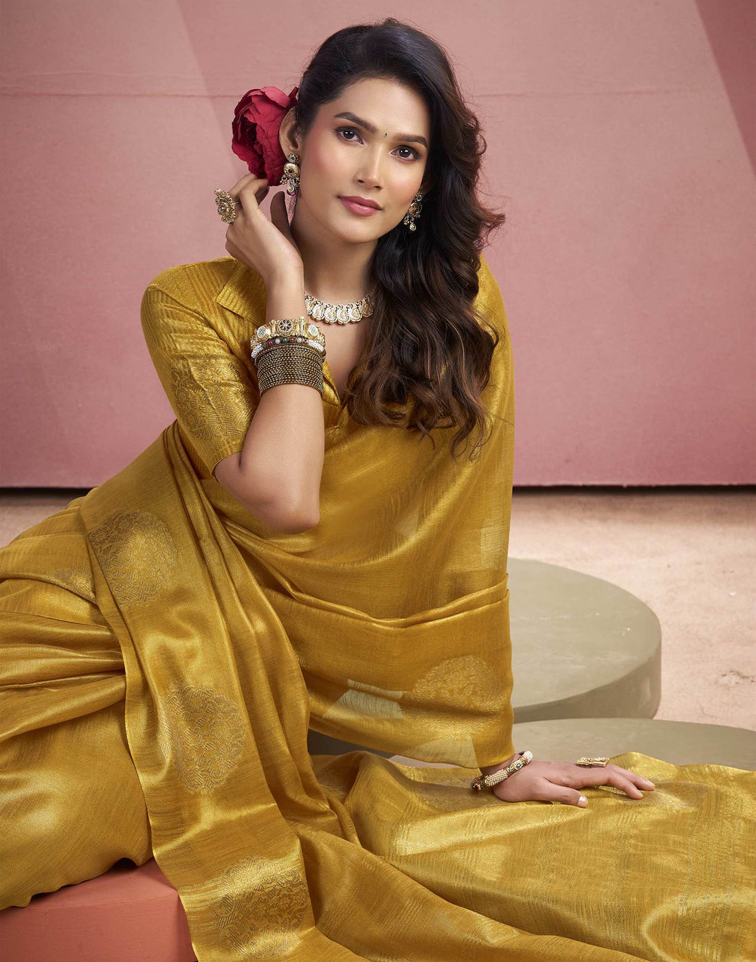 Mustard Yellow Tissue Silk Woven Saree