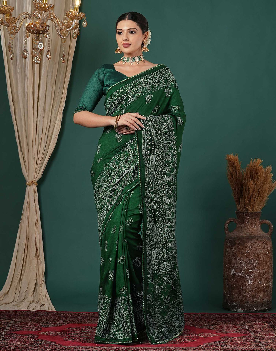 Bottle Green Silk Printed Saree