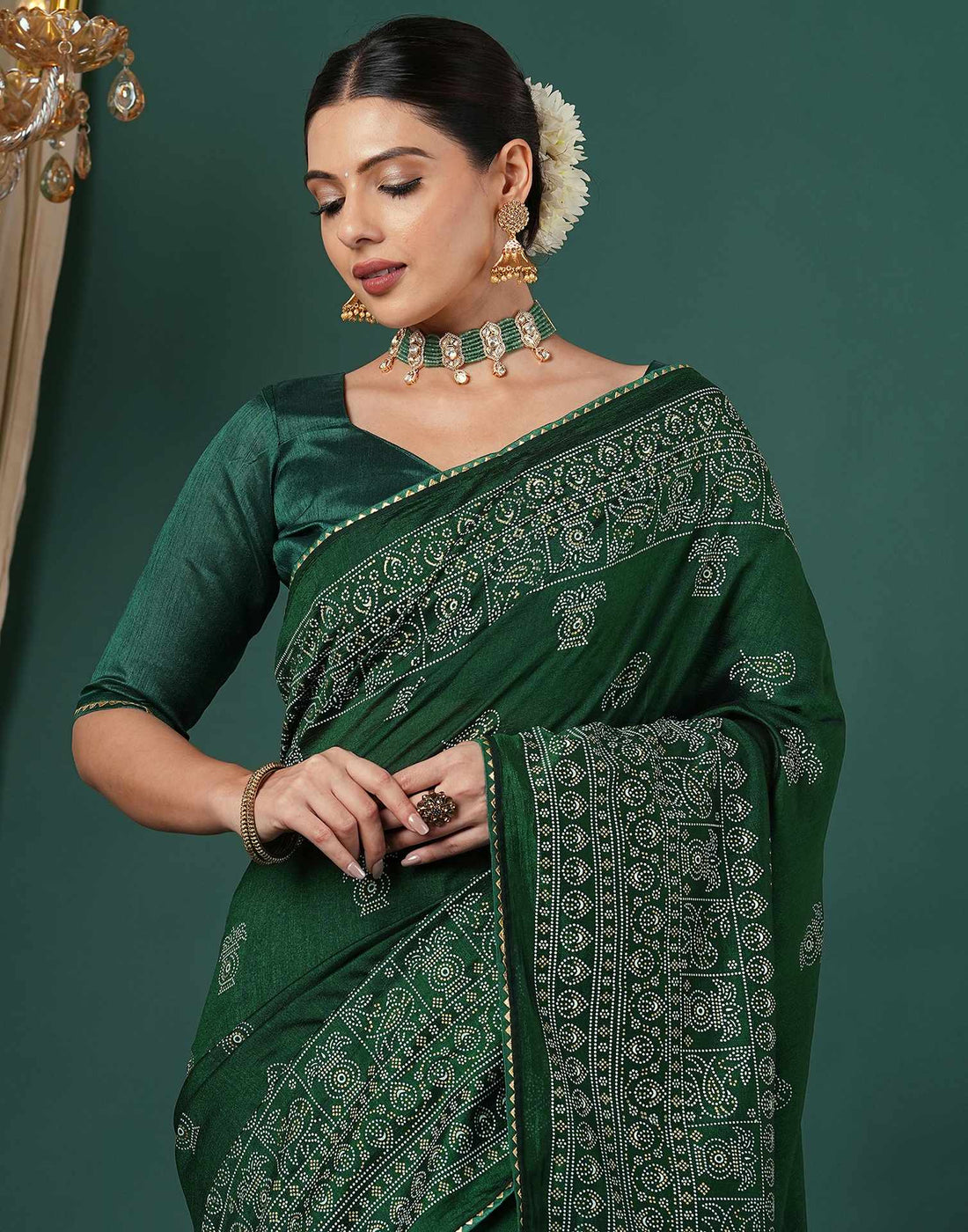 Bottle Green Silk Printed Saree