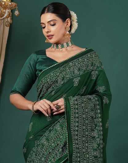 Bottle Green Silk Printed Saree