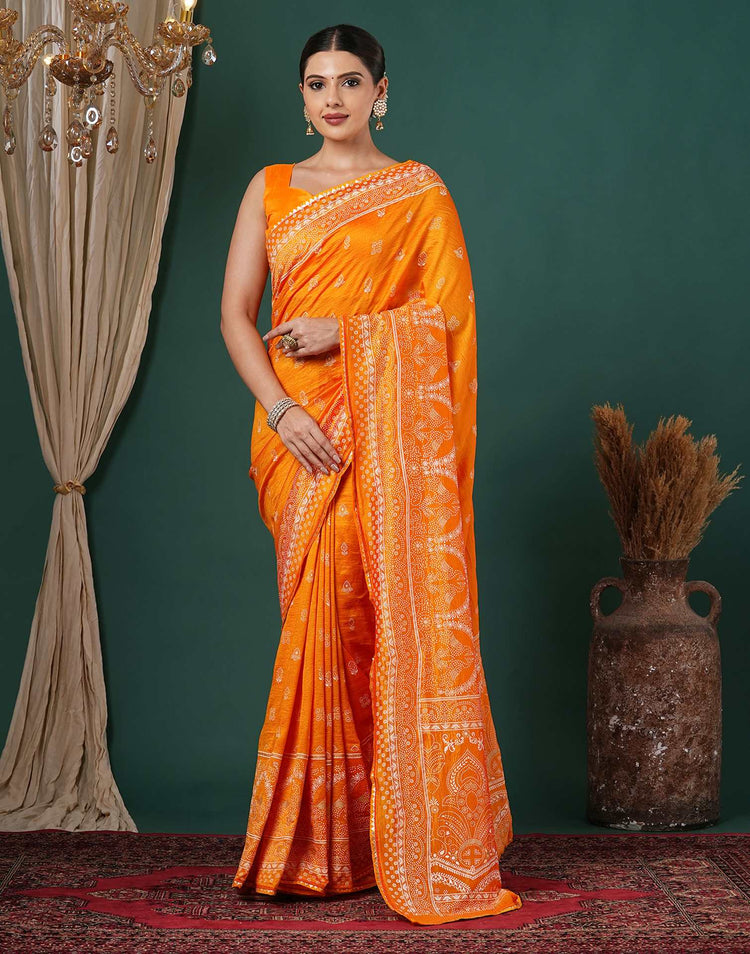 Orange Silk Printed Saree