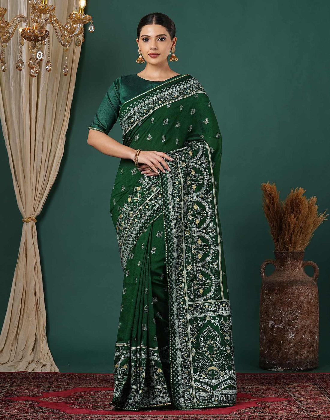 Bottle Green Silk Printed Saree