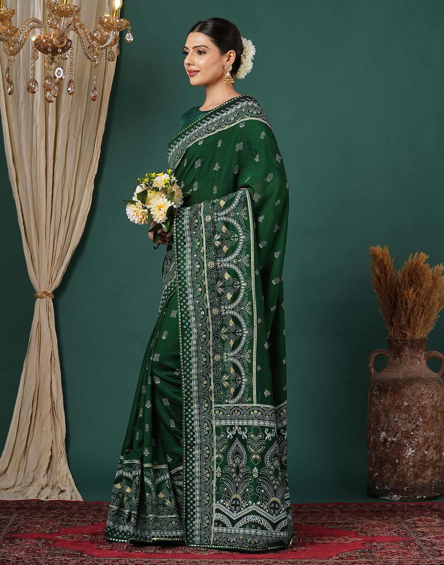 Bottle Green Silk Printed Saree