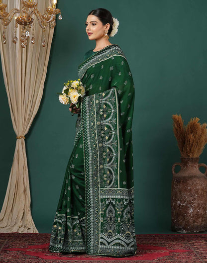 Bottle Green Silk Printed Saree