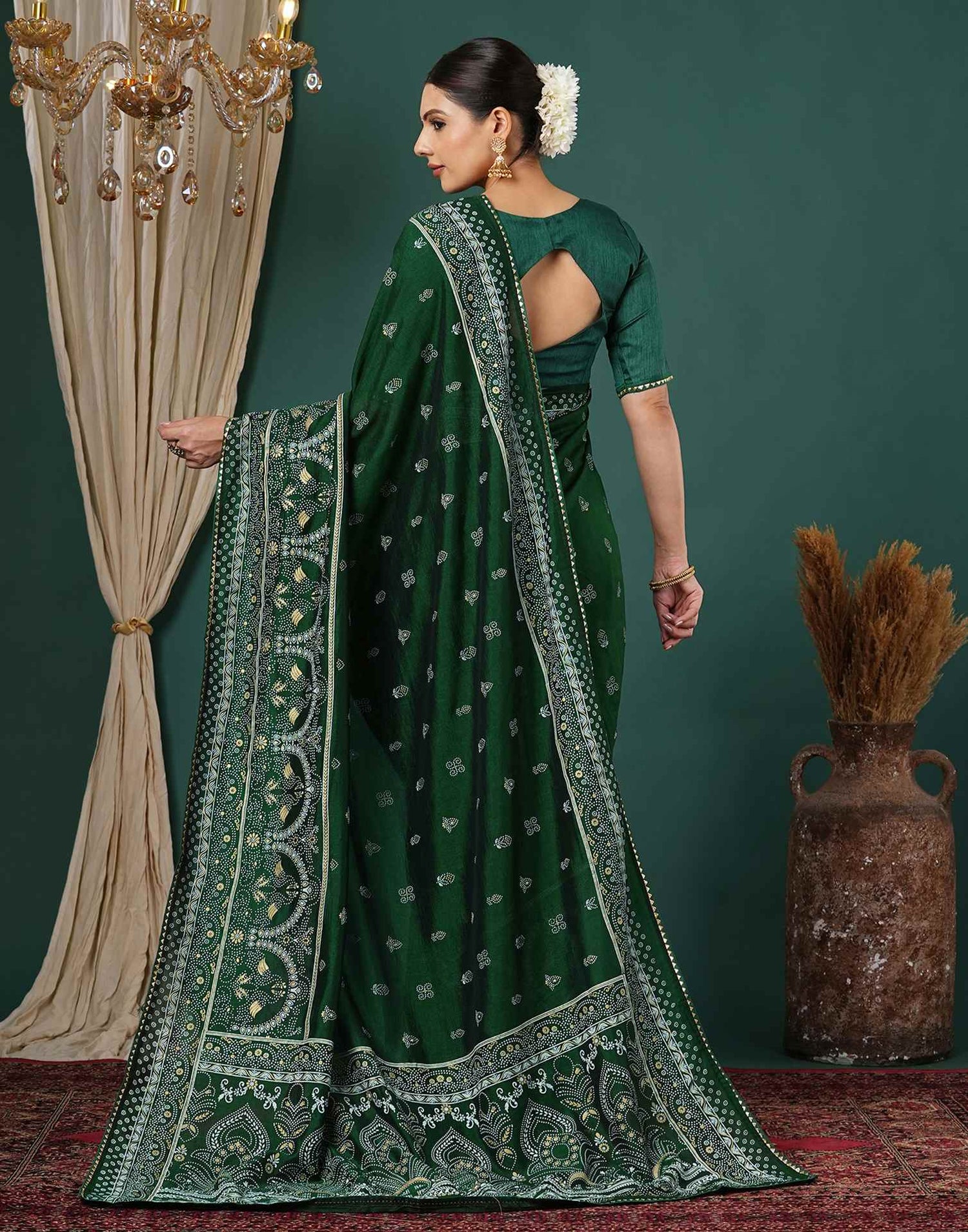 Bottle Green Silk Printed Saree