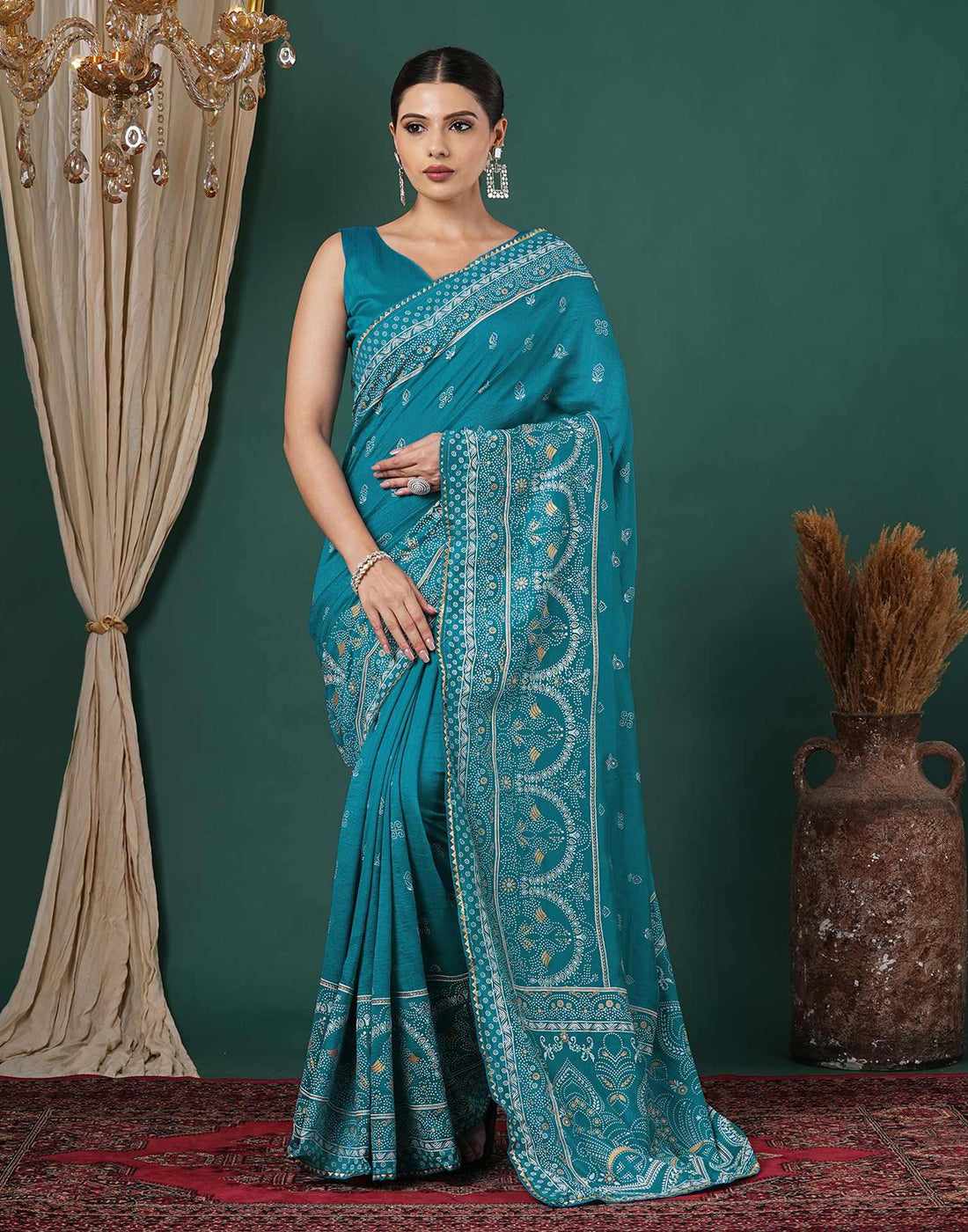 Teal Blue Silk Printed Saree