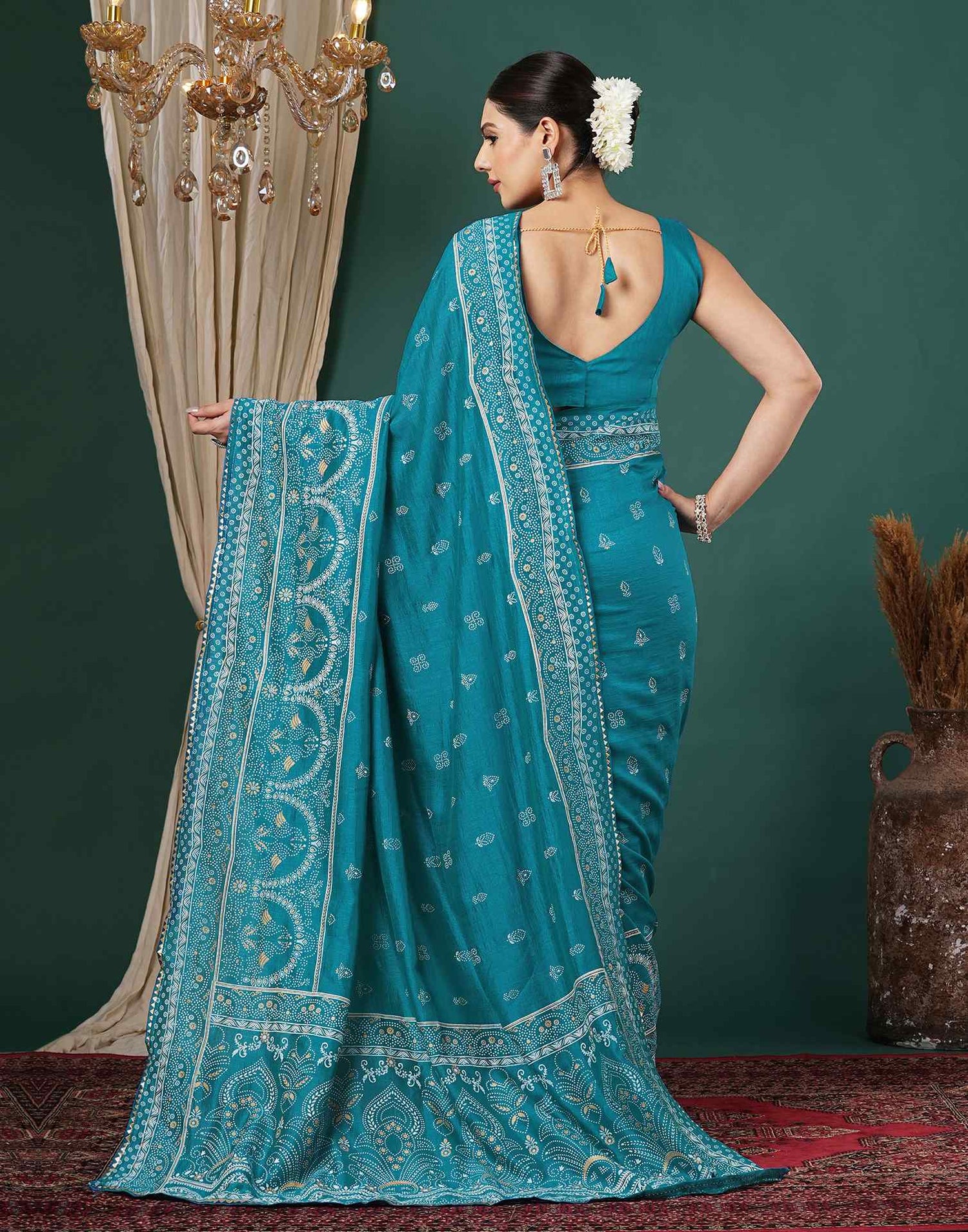 Teal Blue Silk Printed Saree