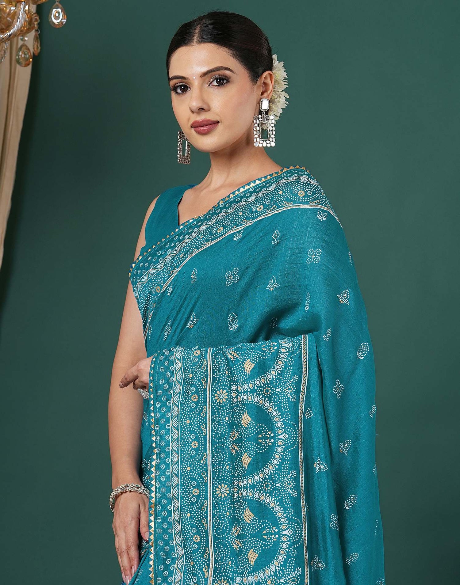 Teal Blue Silk Printed Saree
