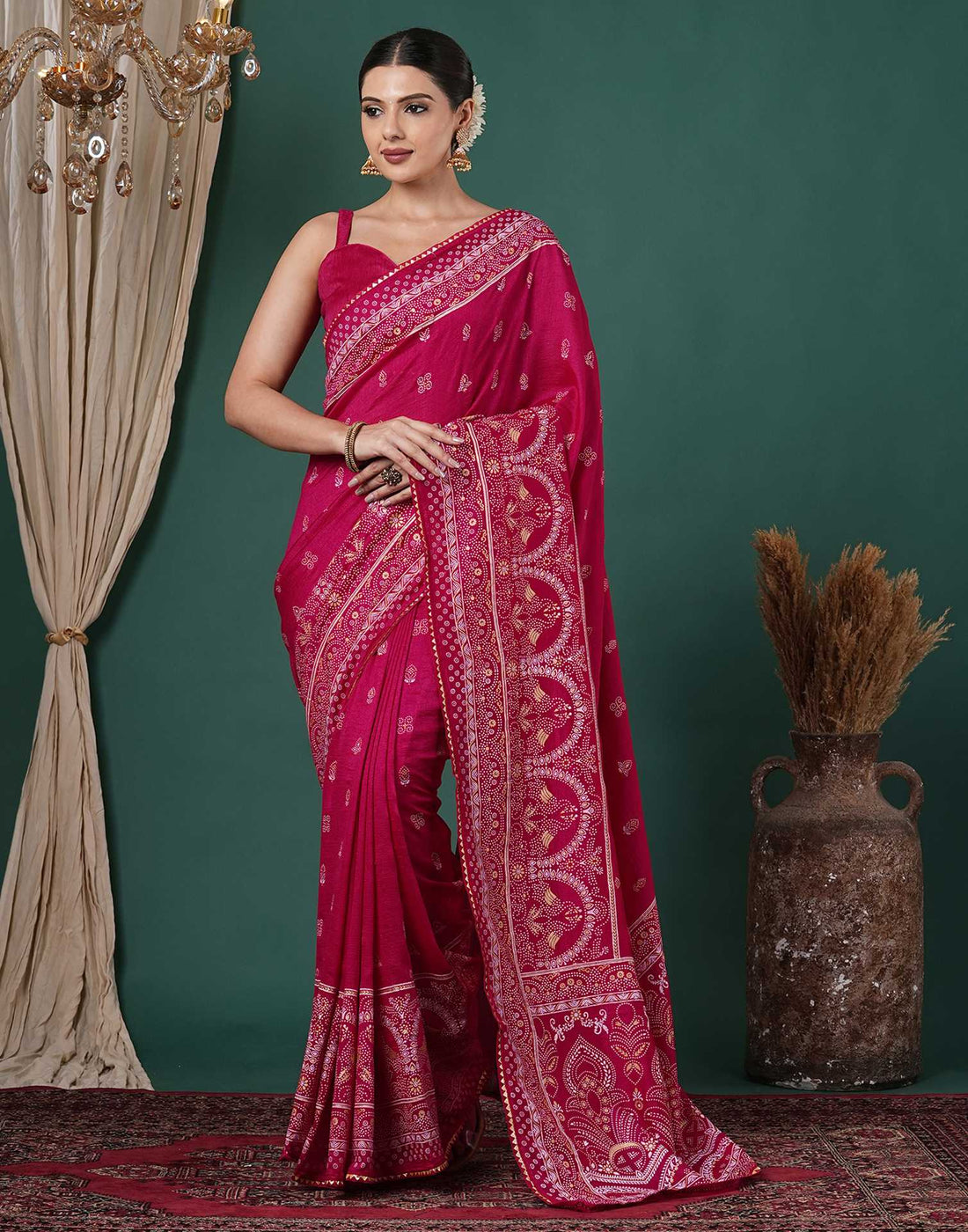 Rani Pink Silk Printed Saree