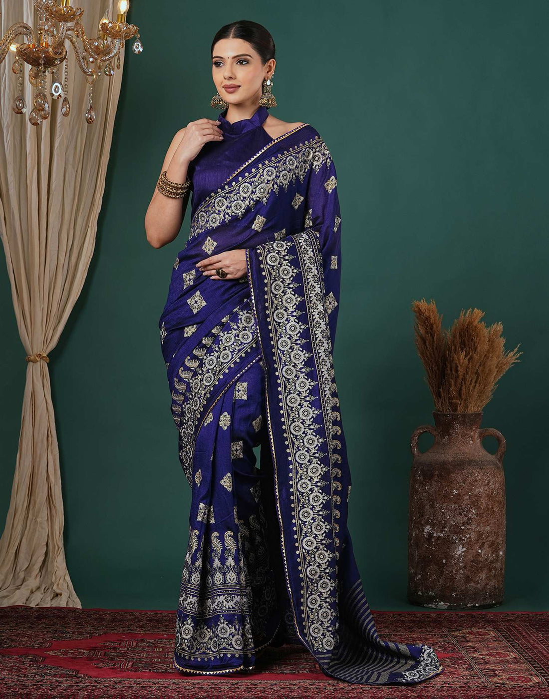 Navy Blue Silk Foil Printed Saree