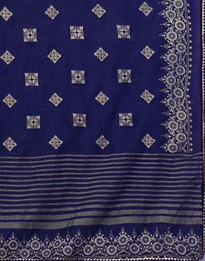 Navy Blue Silk Foil Printed Saree