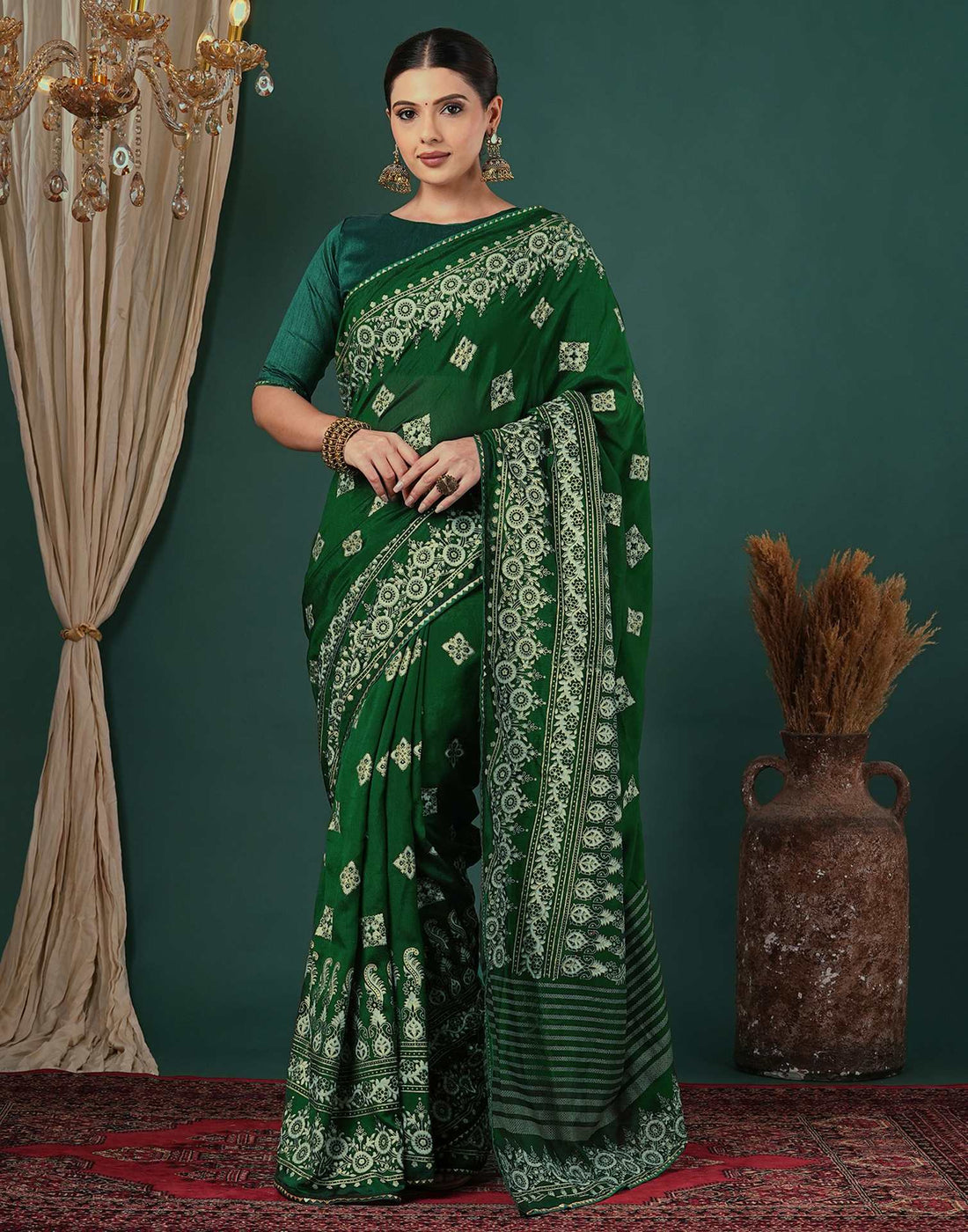 Bottle Green Silk Foil Printed Saree