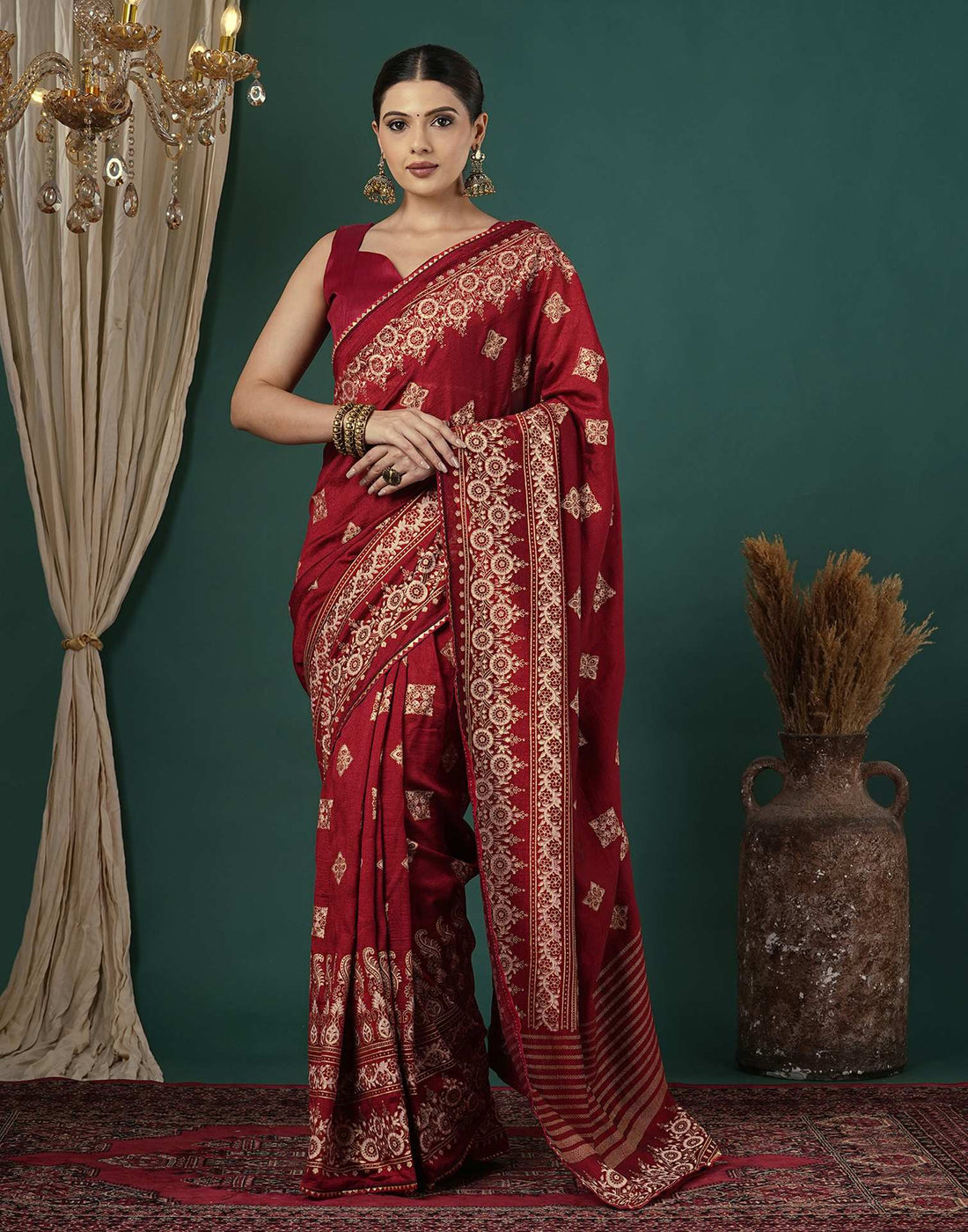 Maroon Silk Foil Printed Saree