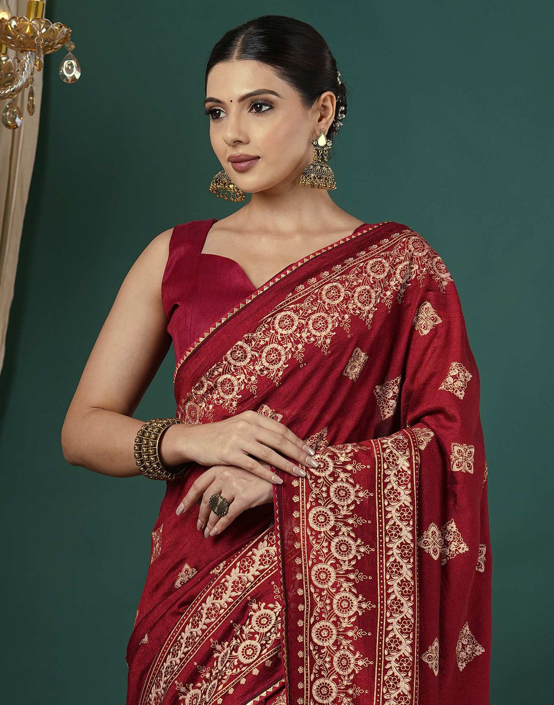 Maroon Silk Foil Printed Saree