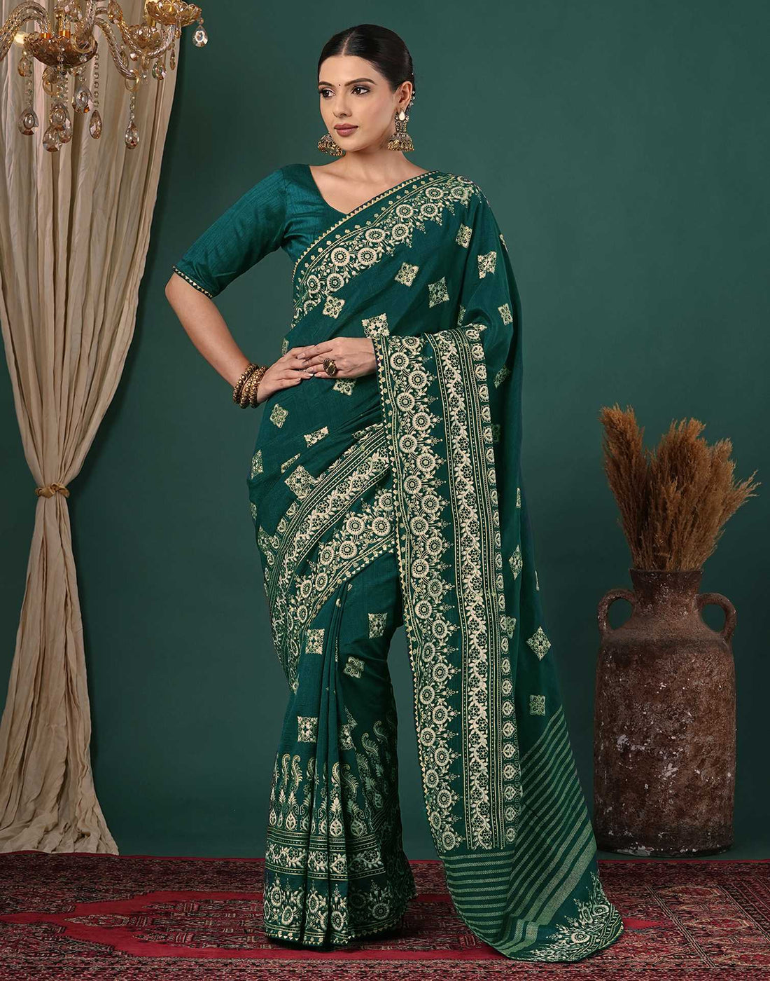 Teal Green Silk Foil Printed Saree