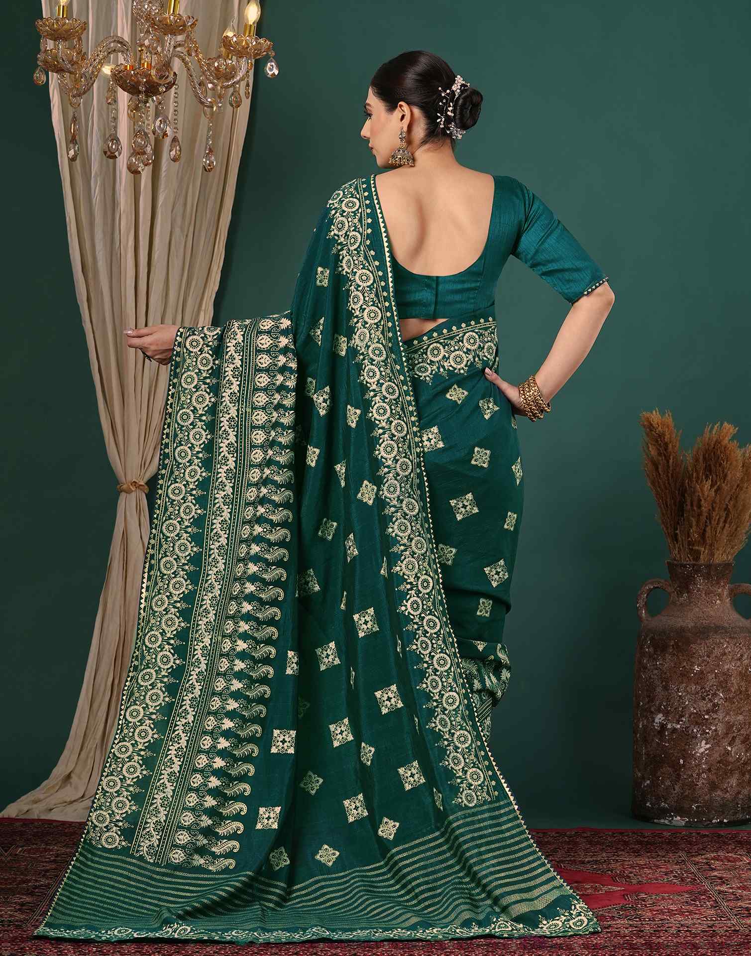 Teal Green Silk Foil Printed Saree