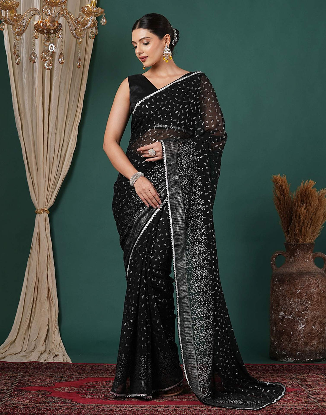Black Georgette Foil Printed Saree