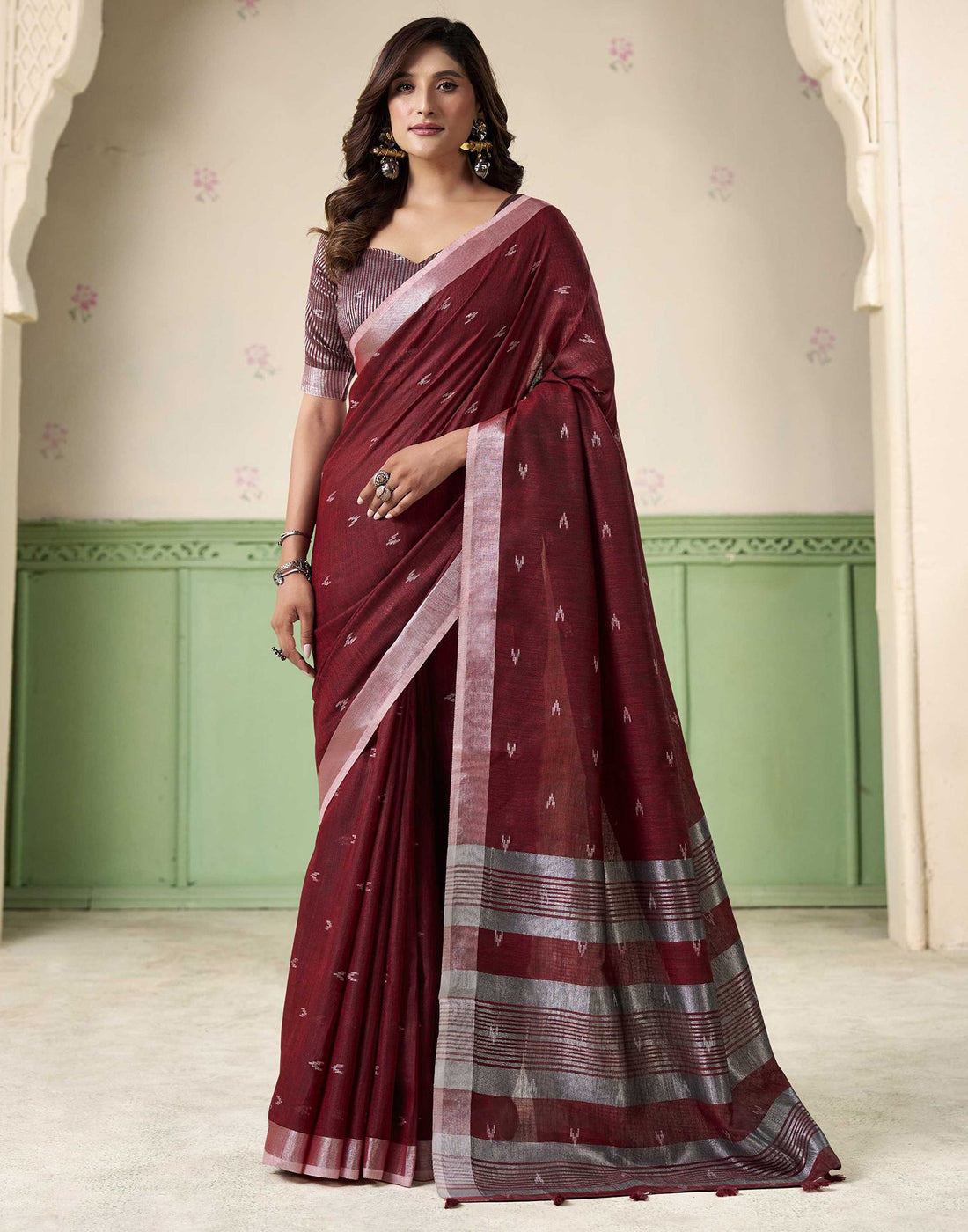 Maroon Linen Silk Woven Saree
