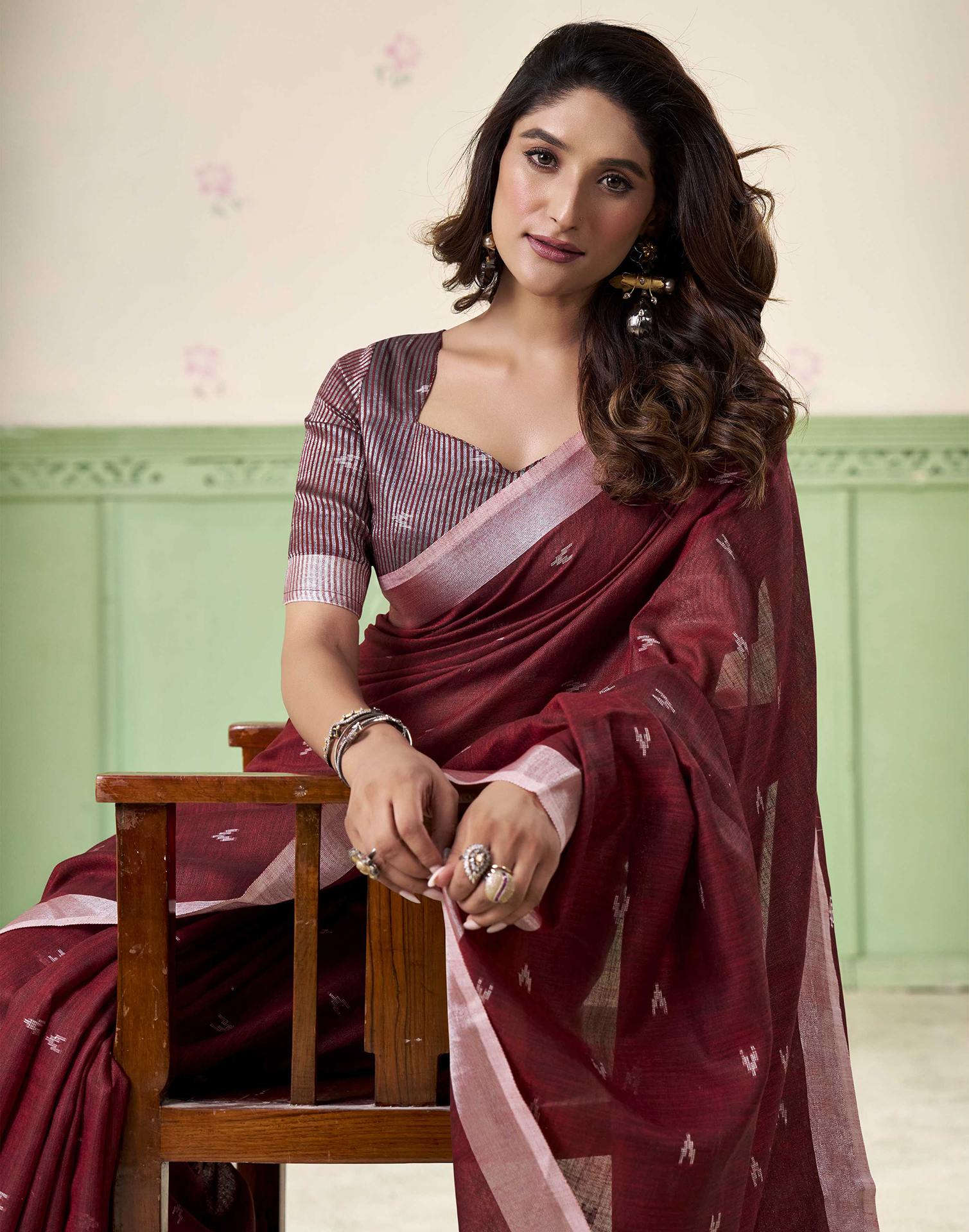 Maroon Linen Silk Woven Saree
