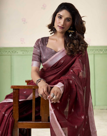 Maroon Linen Silk Woven Saree