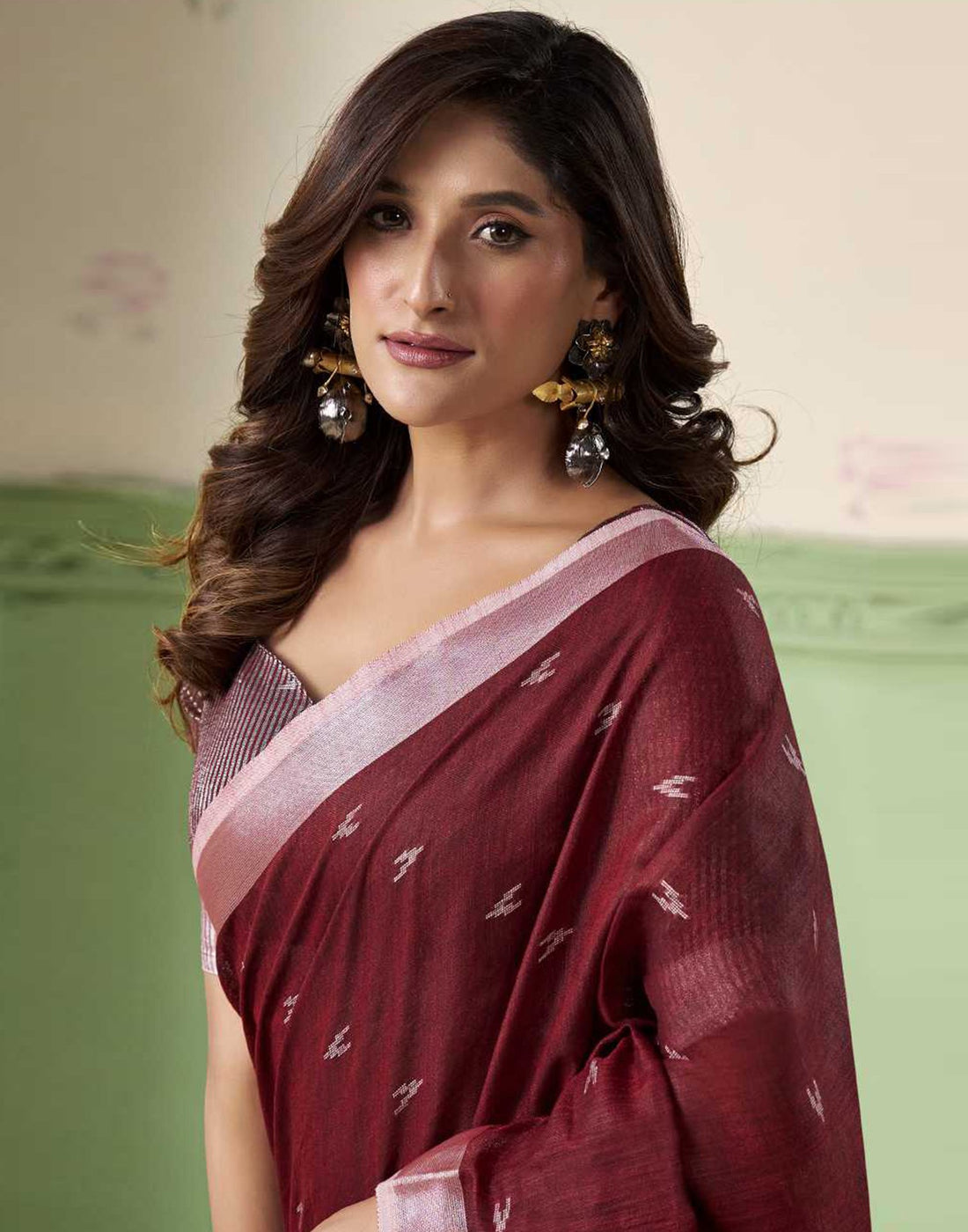 Maroon Linen Silk Woven Saree