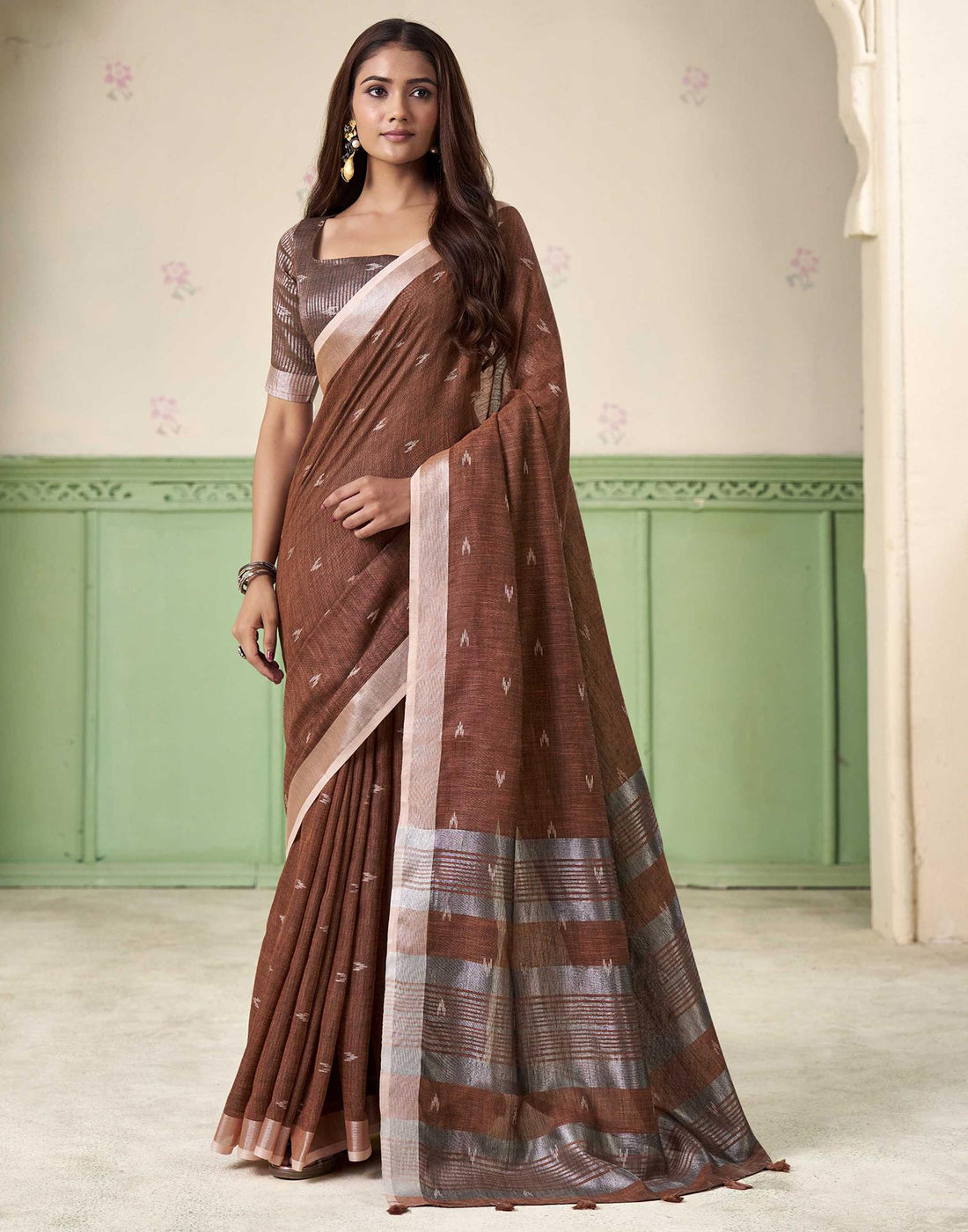 Brown Linen Silk Woven Saree