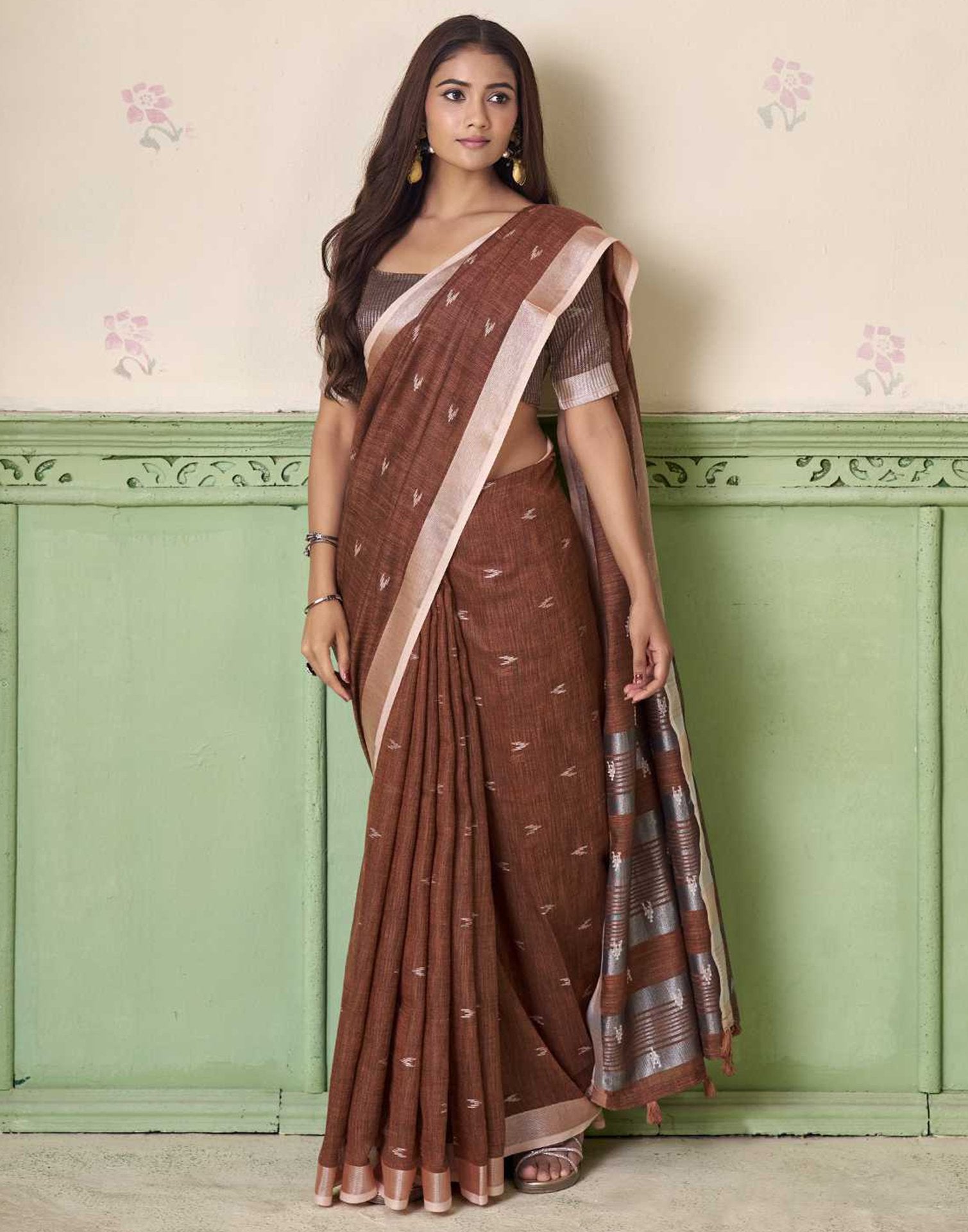 Brown Linen Silk Woven Saree