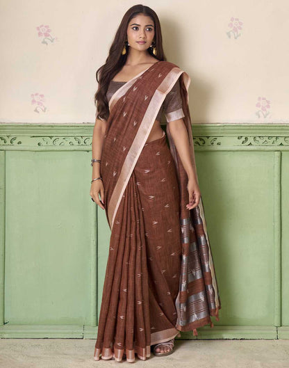 Brown Linen Silk Woven Saree