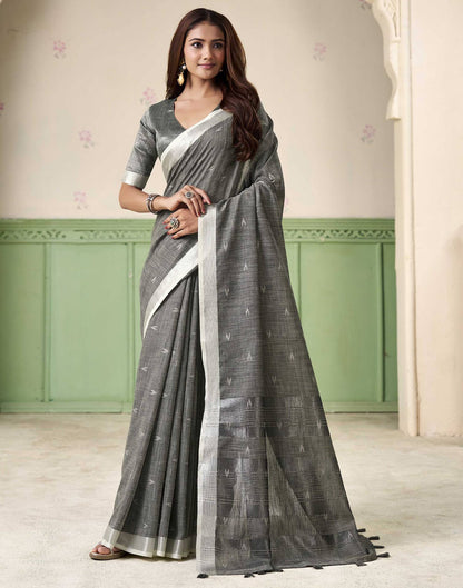 Grey Linen Silk Woven Saree