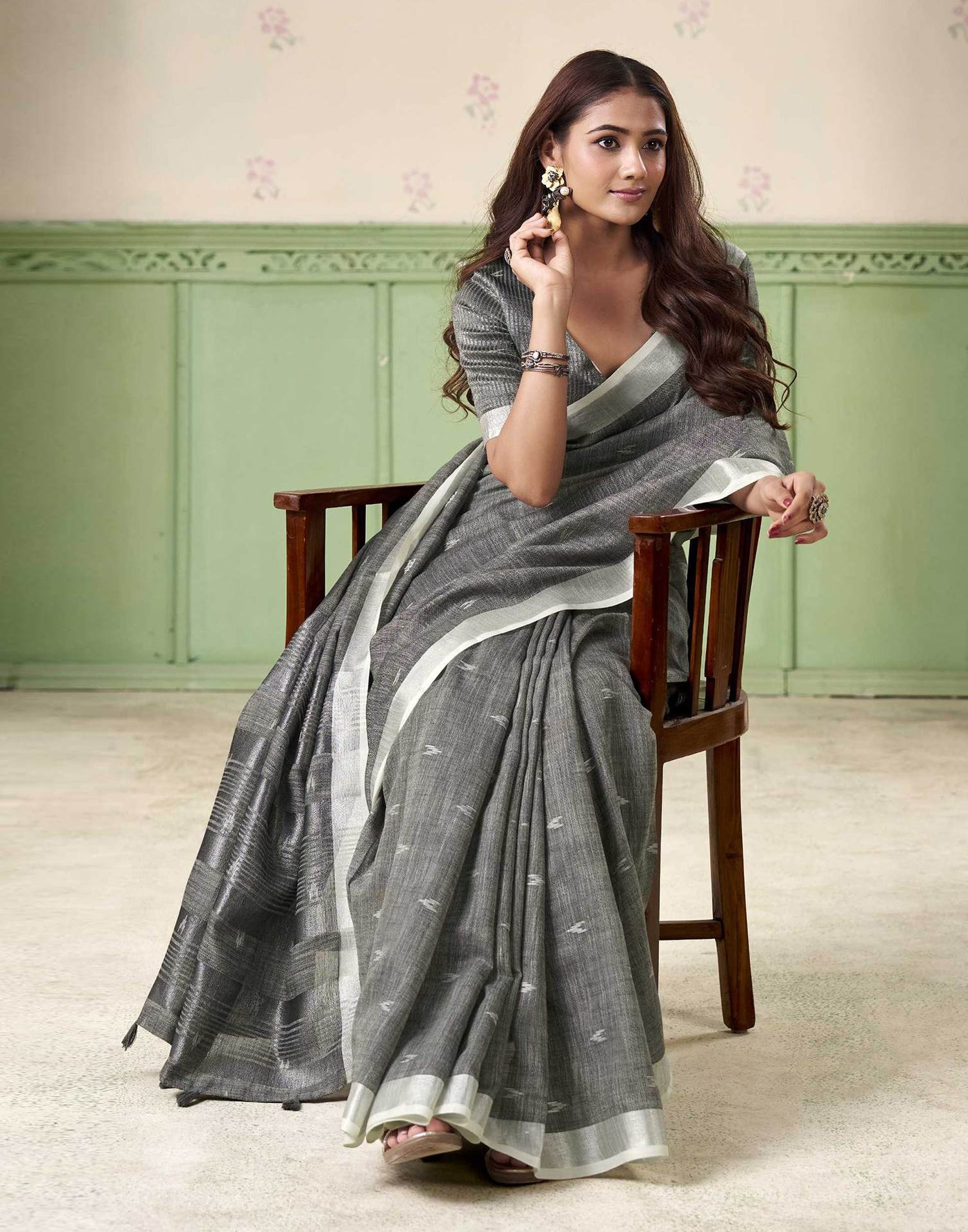 Grey Linen Silk Woven Saree