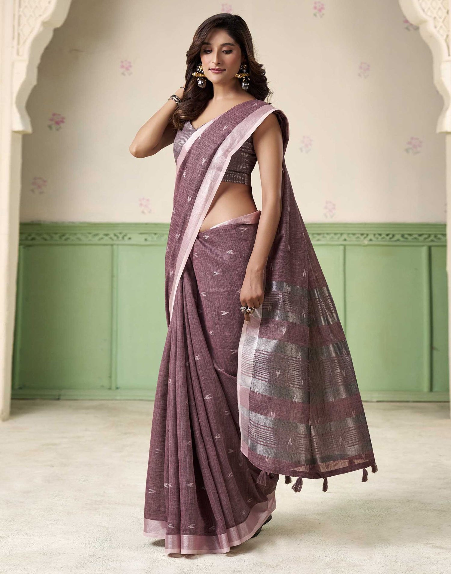 Dark Mauve Linen Silk Woven Saree