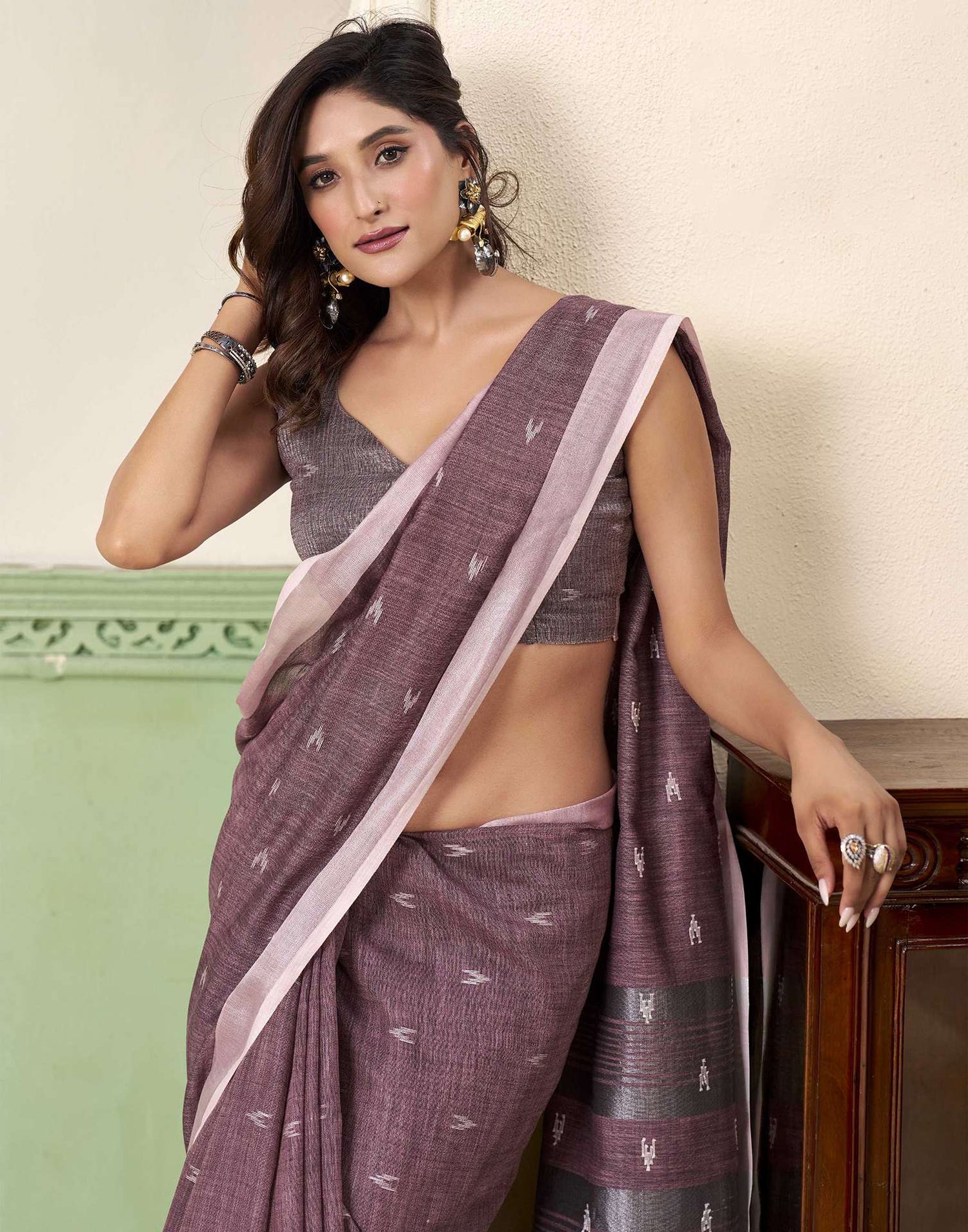 Dark Mauve Linen Silk Woven Saree
