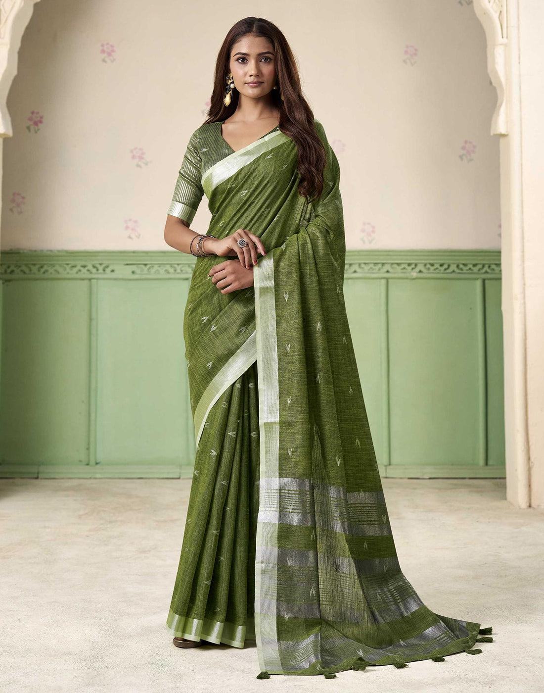 Green Linen Silk Woven Saree